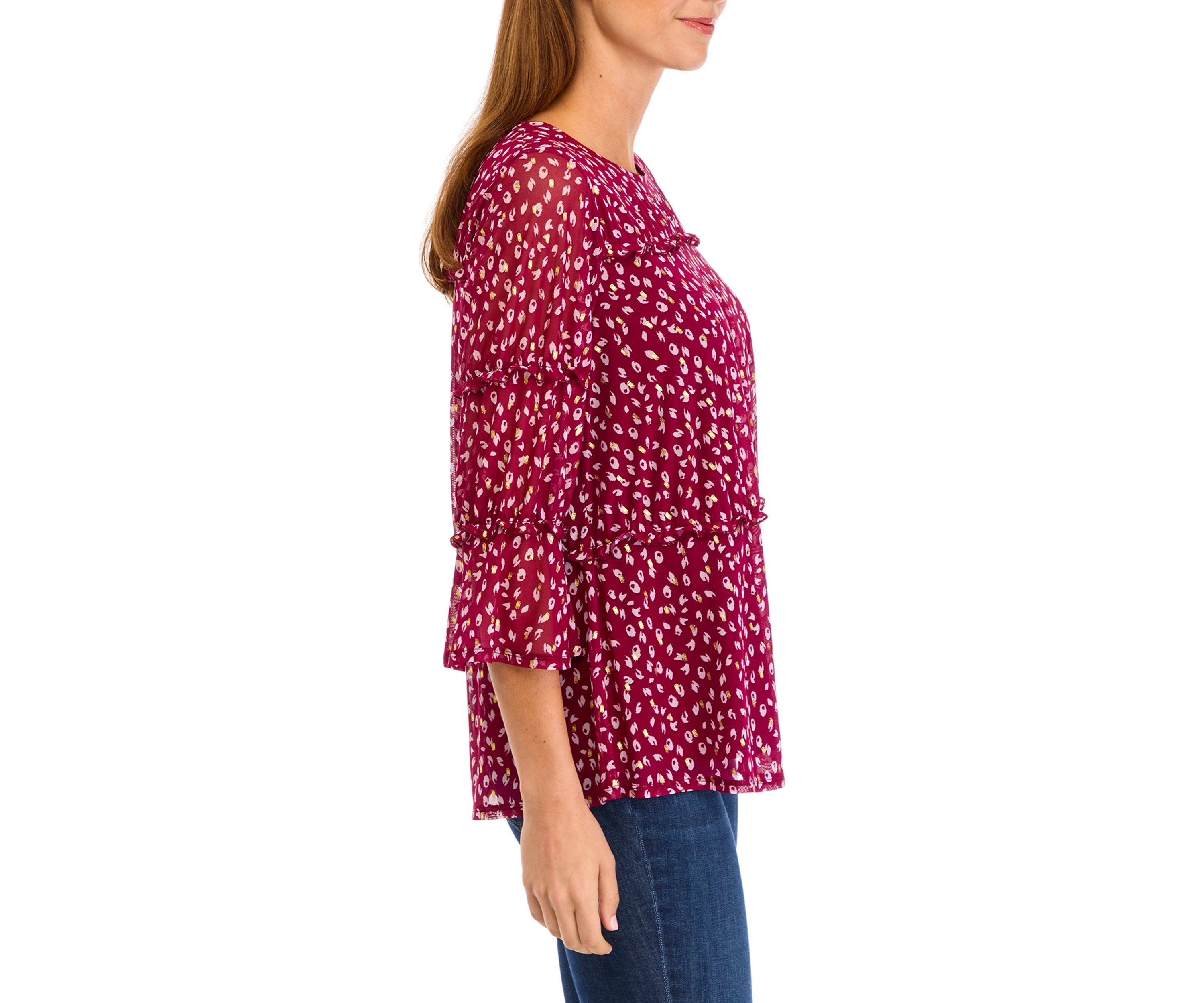Womens Printed Mesh Tiered Blouse