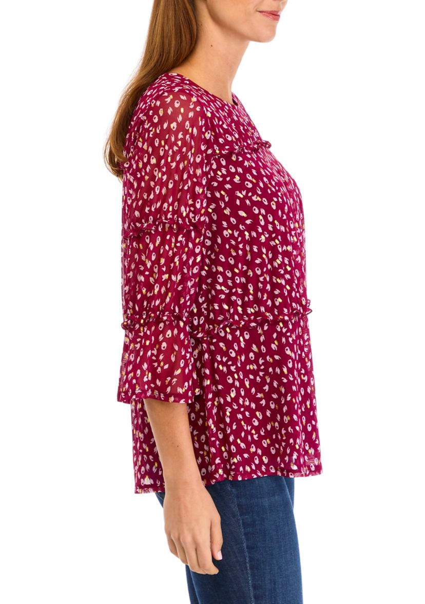 Womens Printed Mesh Tiered Blouse