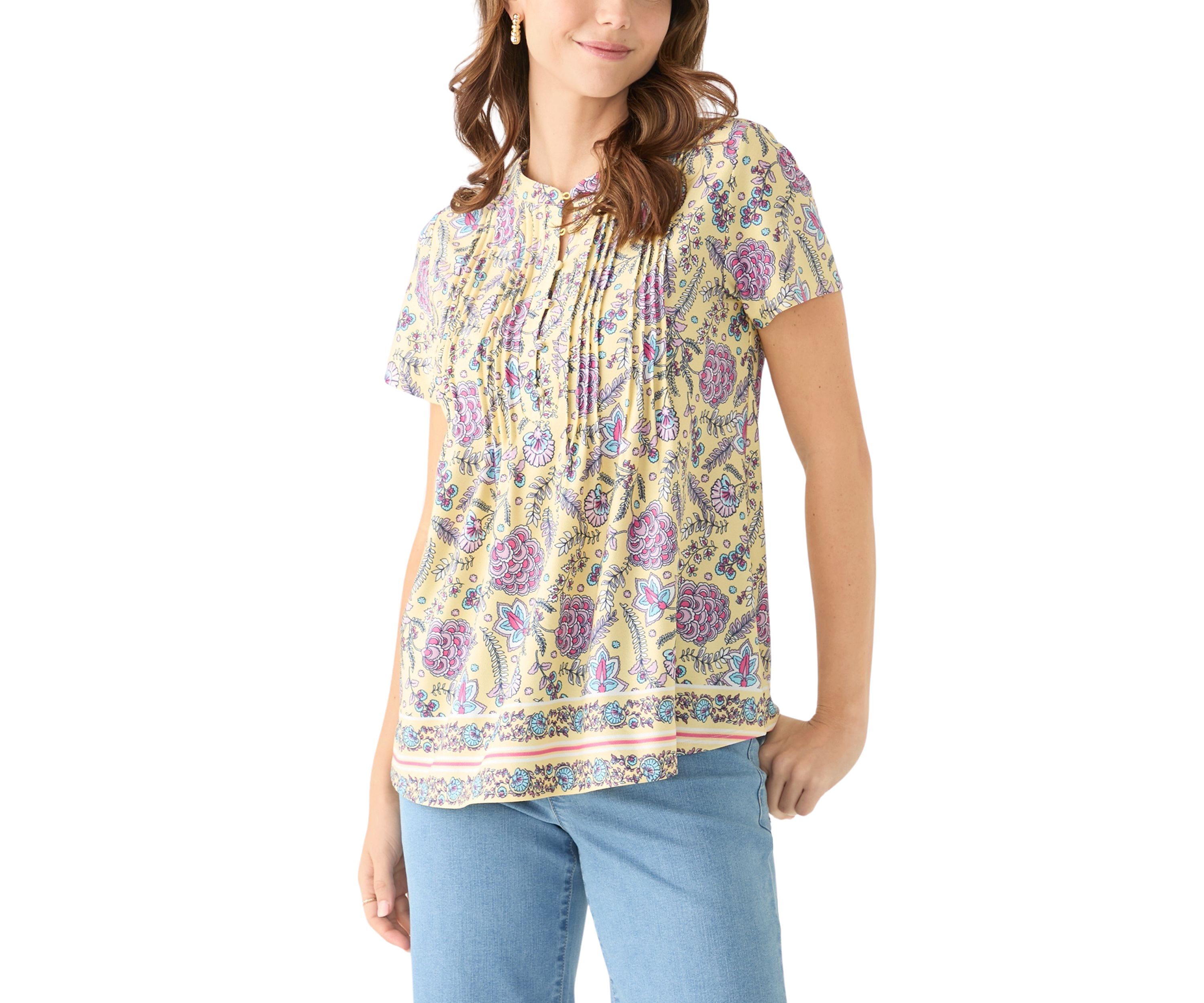 Womens Short Sleeve Printed Pleated Top 