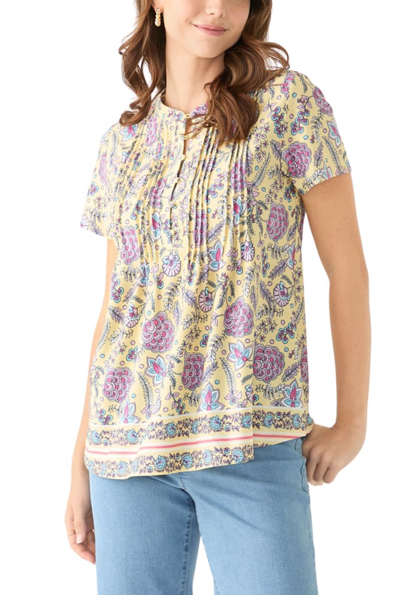 Womens Short Sleeve Printed Pleated Top 
