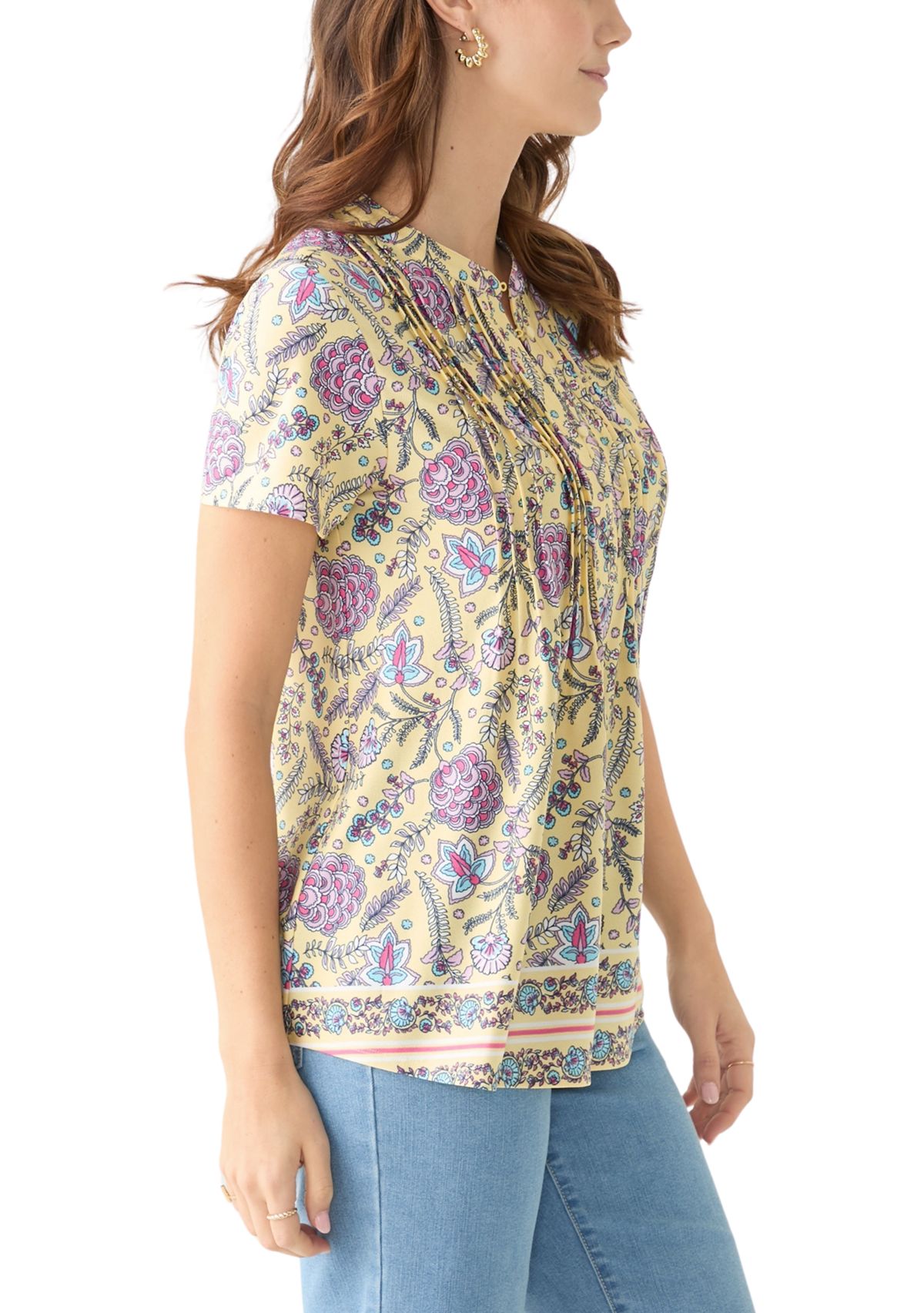 Womens Short Sleeve Printed Pleated Top 