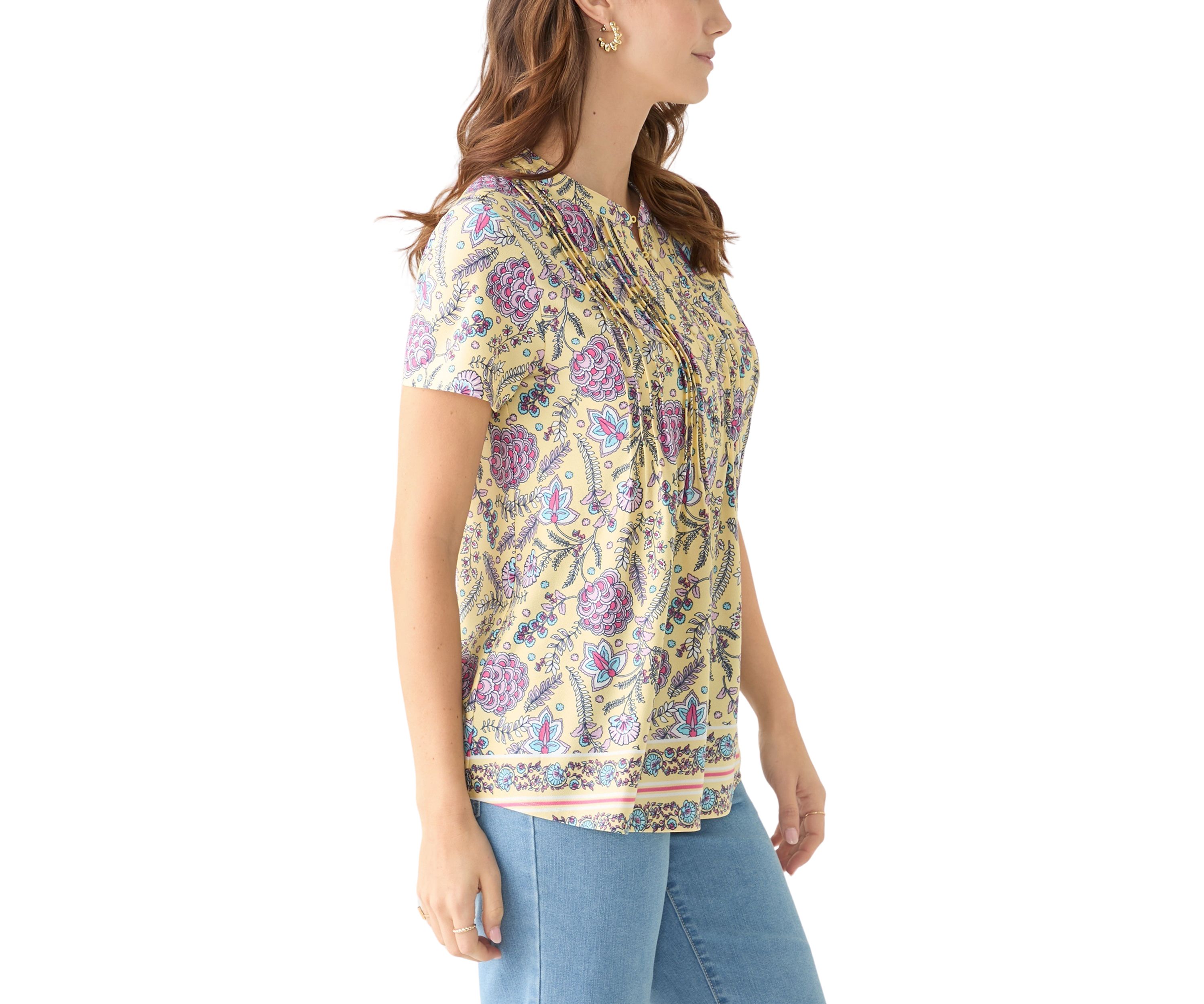 Womens Short Sleeve Printed Pleated Top 