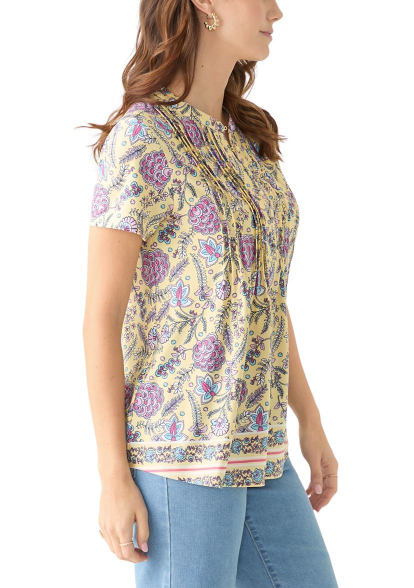 Womens Short Sleeve Printed Pleated Top 