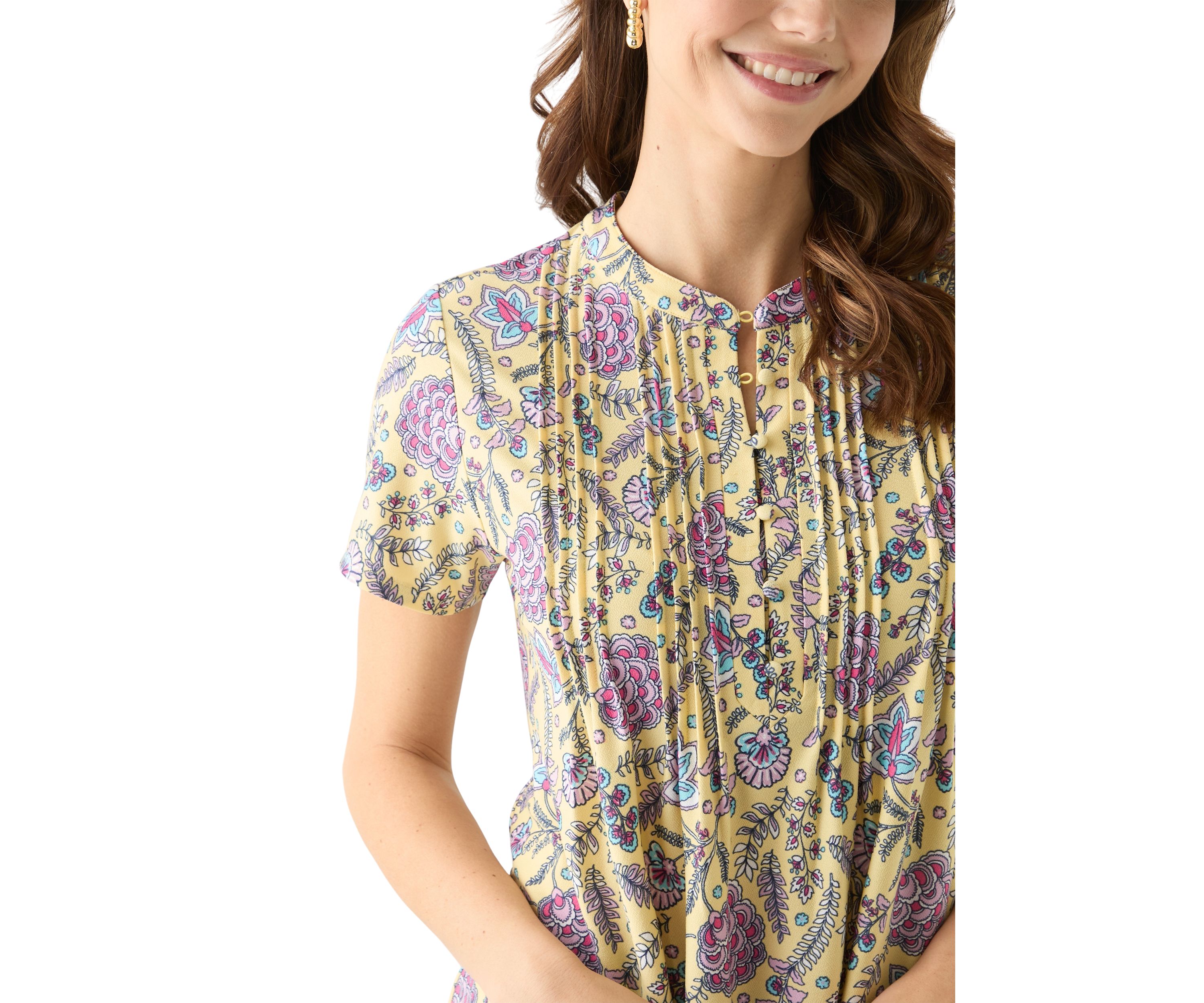Womens Short Sleeve Printed Pleated Top 