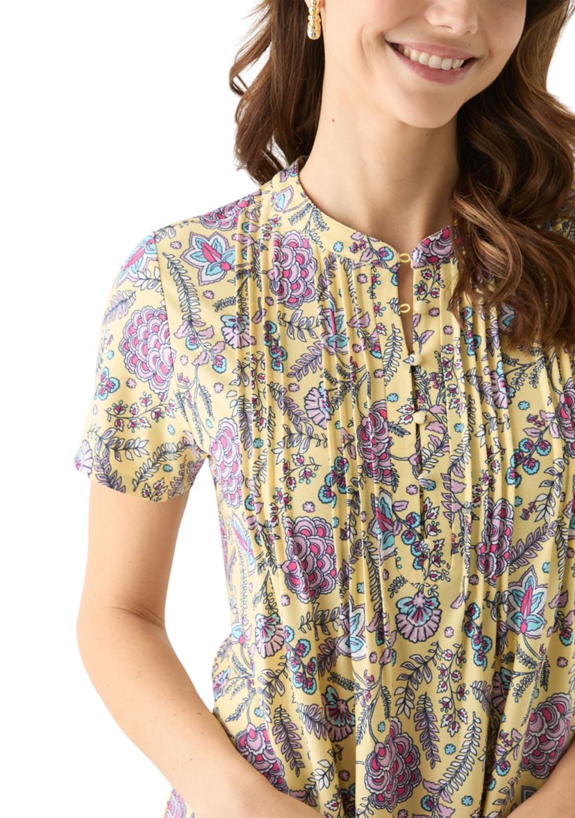 Womens Short Sleeve Printed Pleated Top 