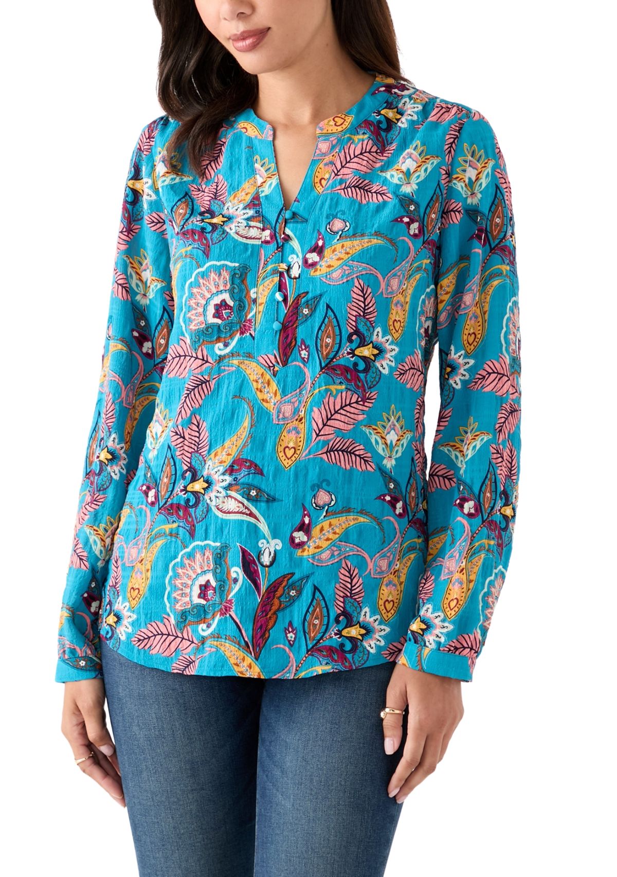 Womens Split Neck Long Sleeve Textured Henley Shirt