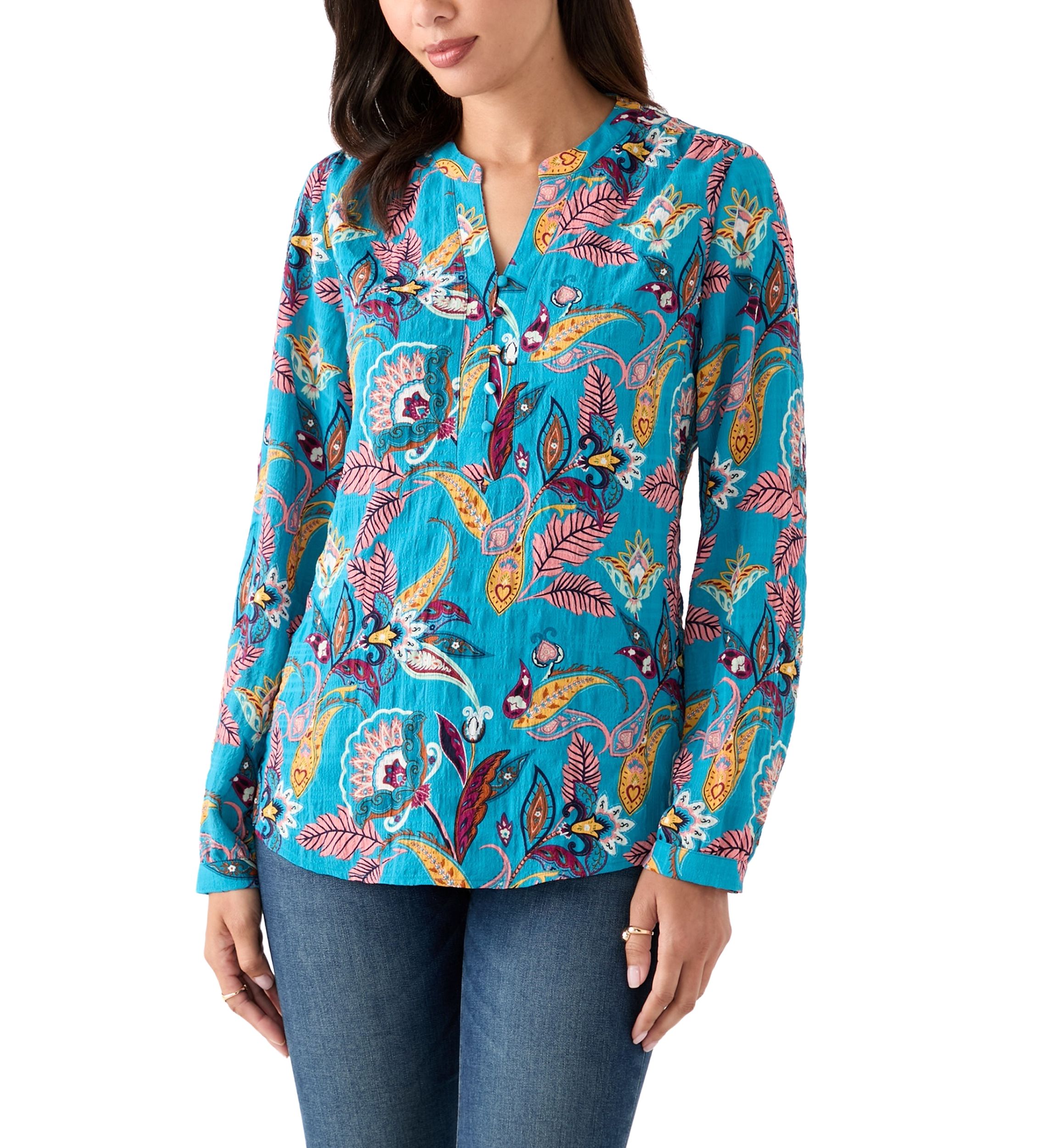 Womens Split Neck Long Sleeve Textured Henley Shirt