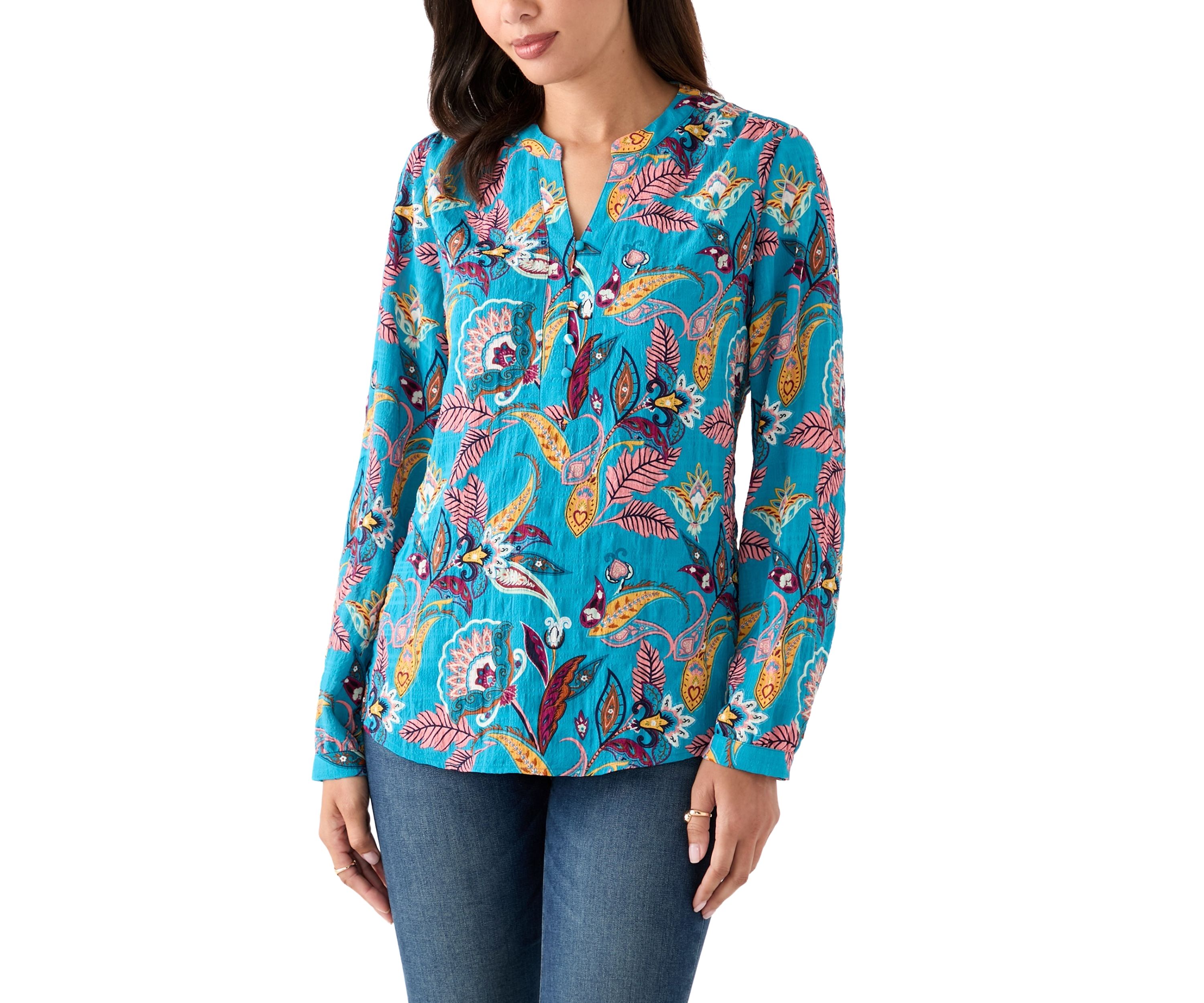 Womens Split Neck Long Sleeve Textured Henley Shirt