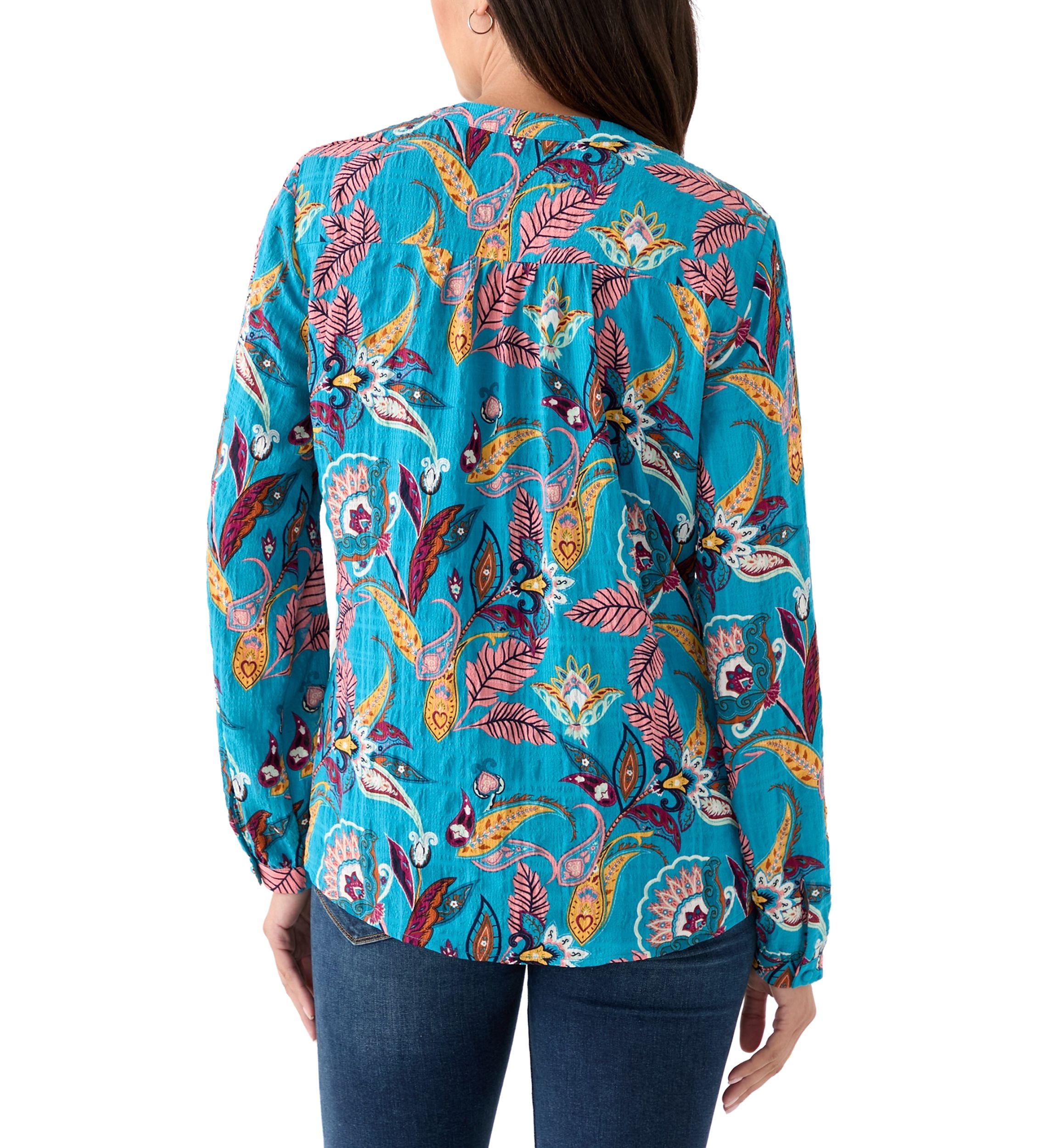 Womens Split Neck Long Sleeve Textured Henley Shirt