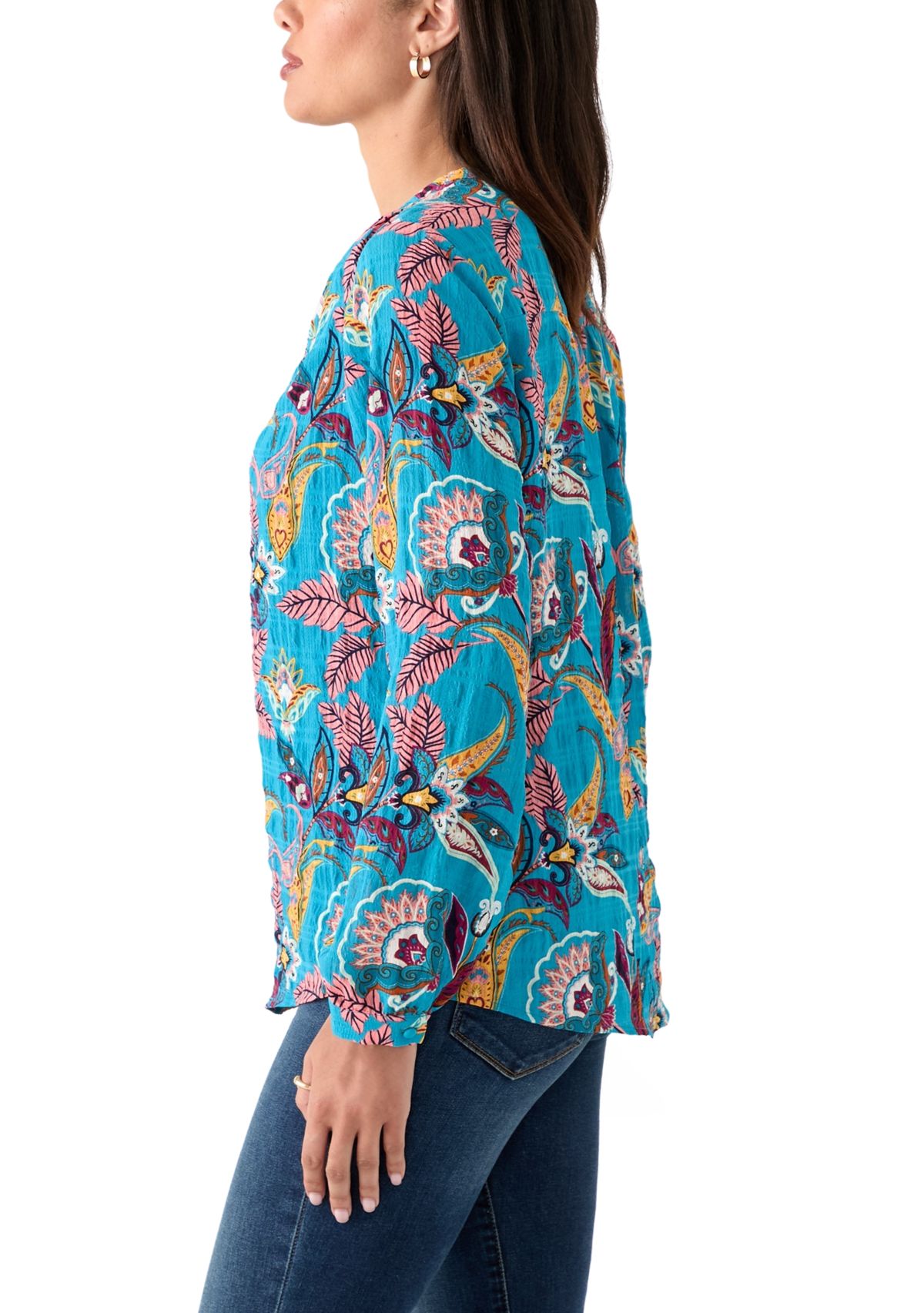 Womens Split Neck Long Sleeve Textured Henley Shirt