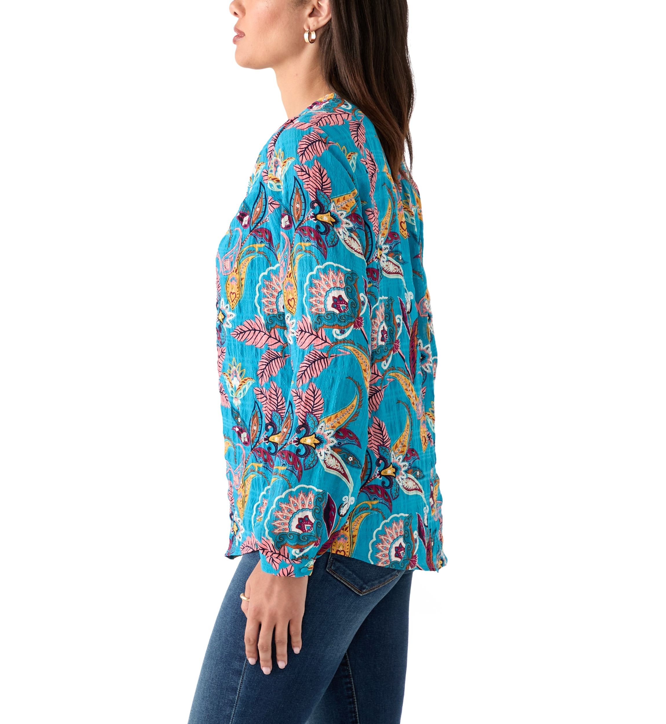 Womens Split Neck Long Sleeve Textured Henley Shirt