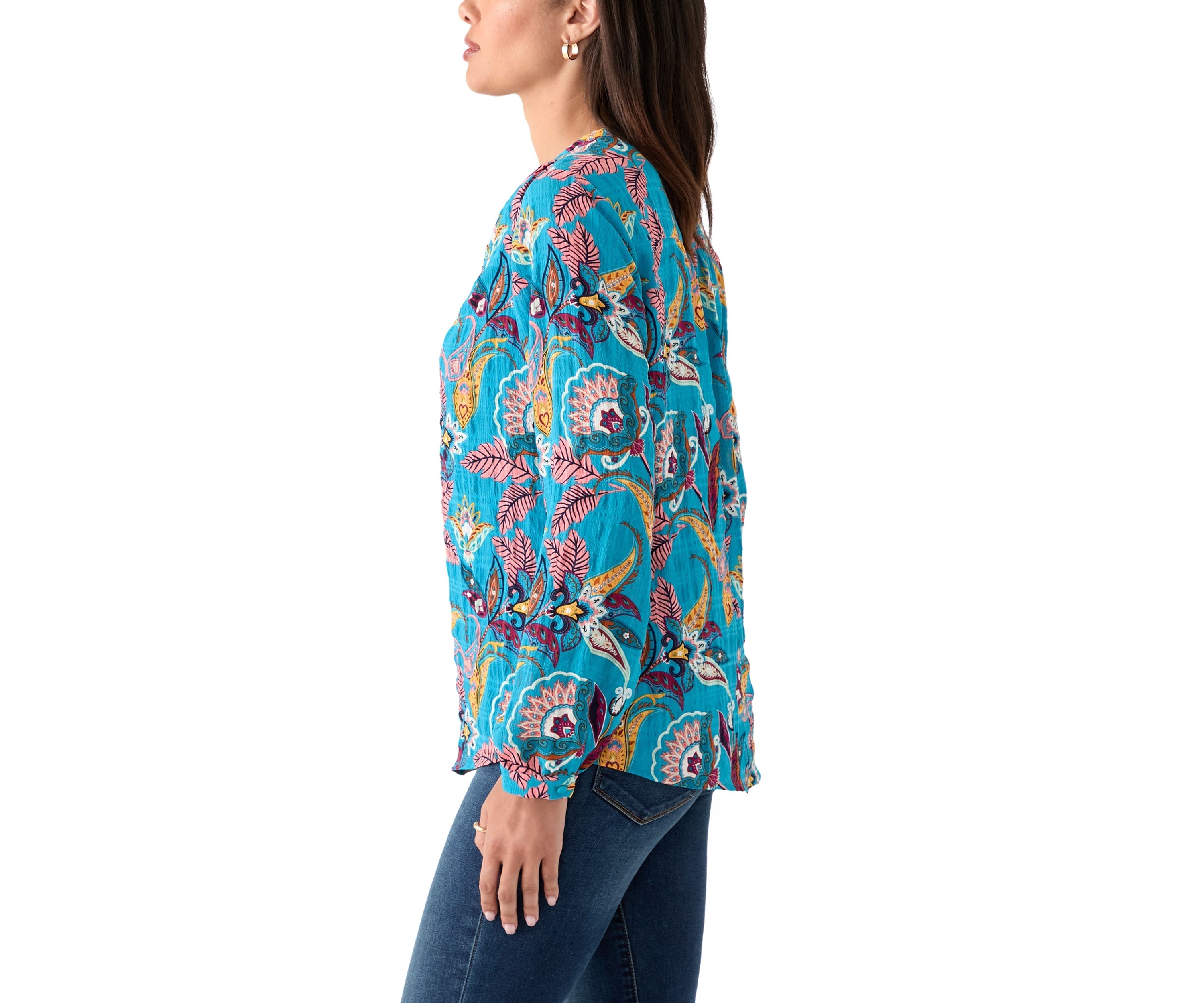 Womens Split Neck Long Sleeve Textured Henley Shirt