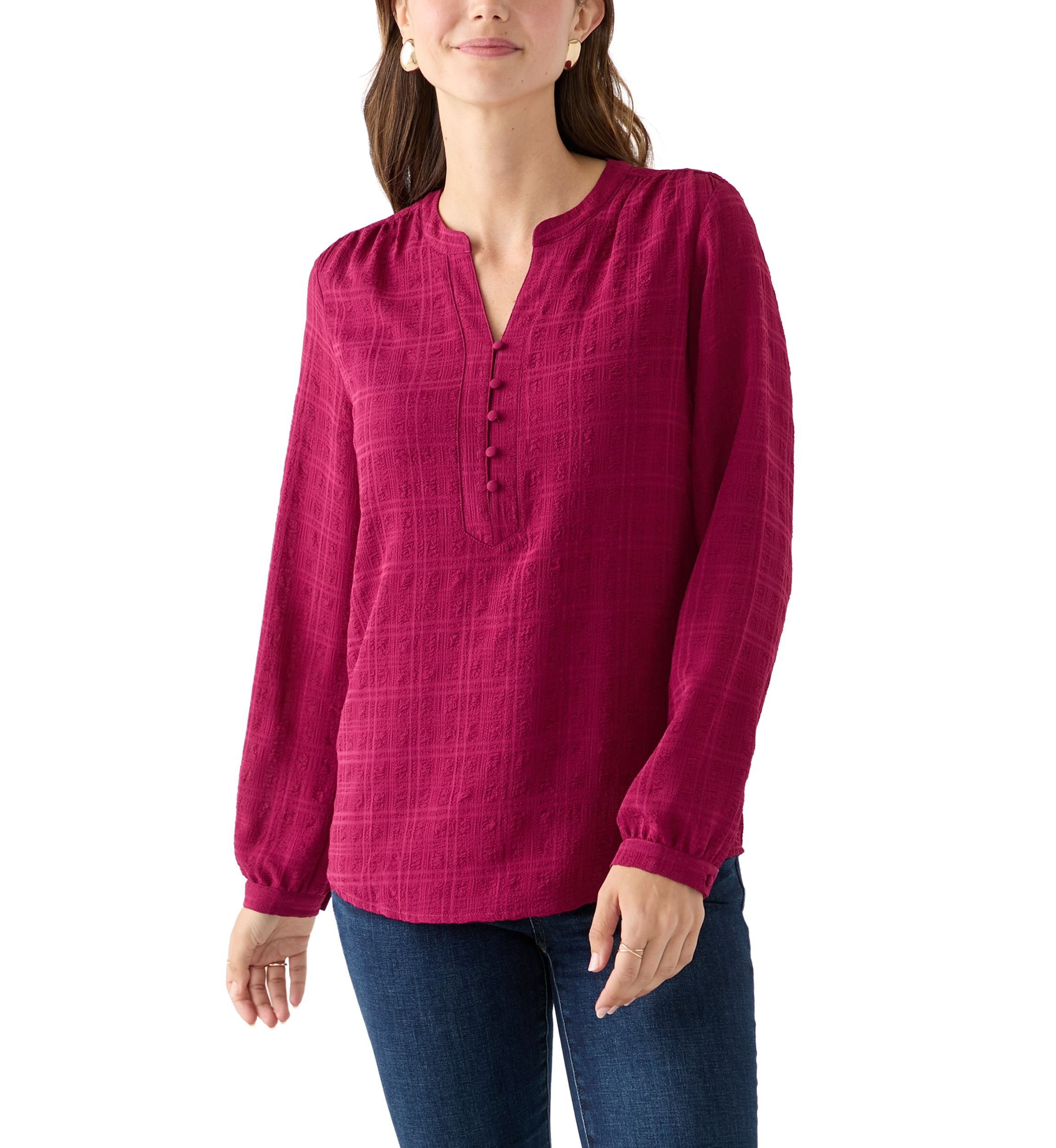 Womens Long Sleeve Textured Henley Top 