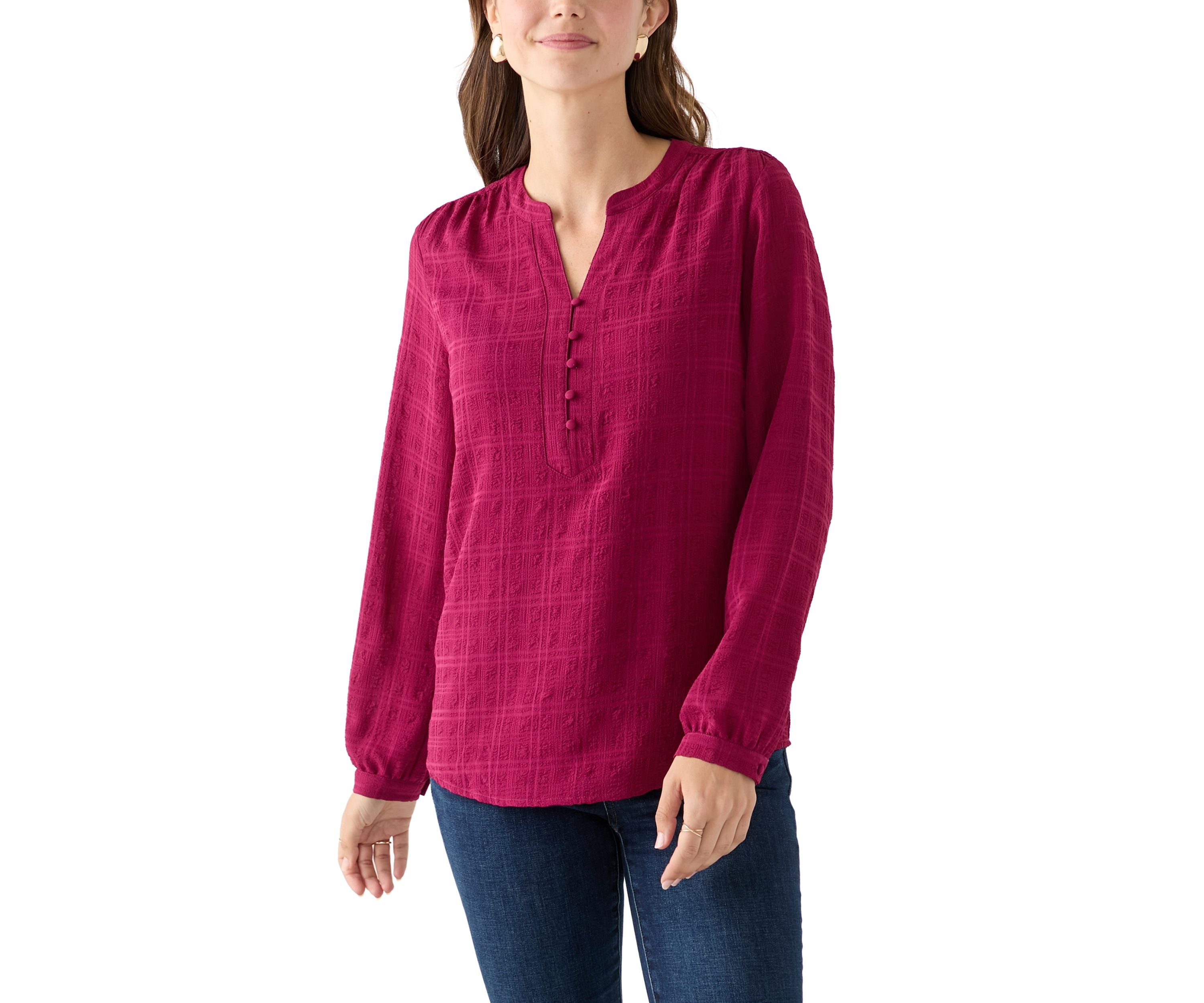 Womens Long Sleeve Textured Henley Top 