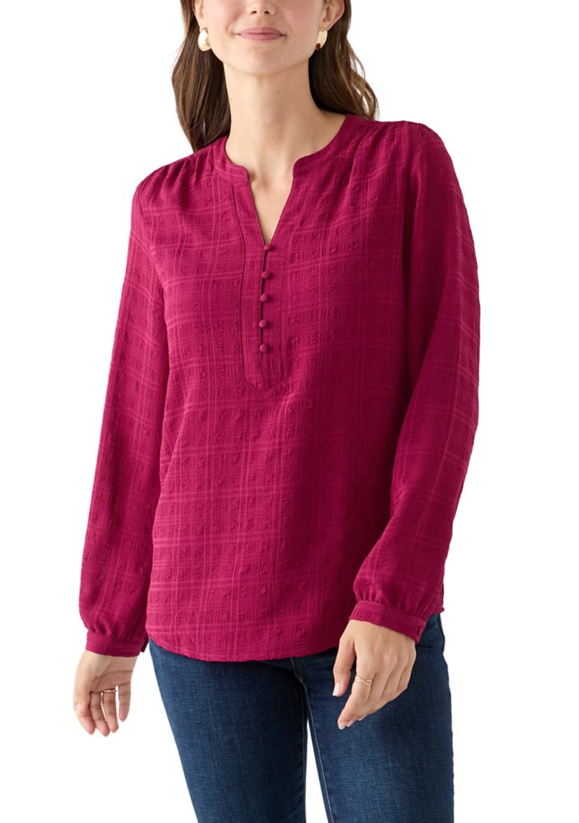 Womens Long Sleeve Textured Henley Top 