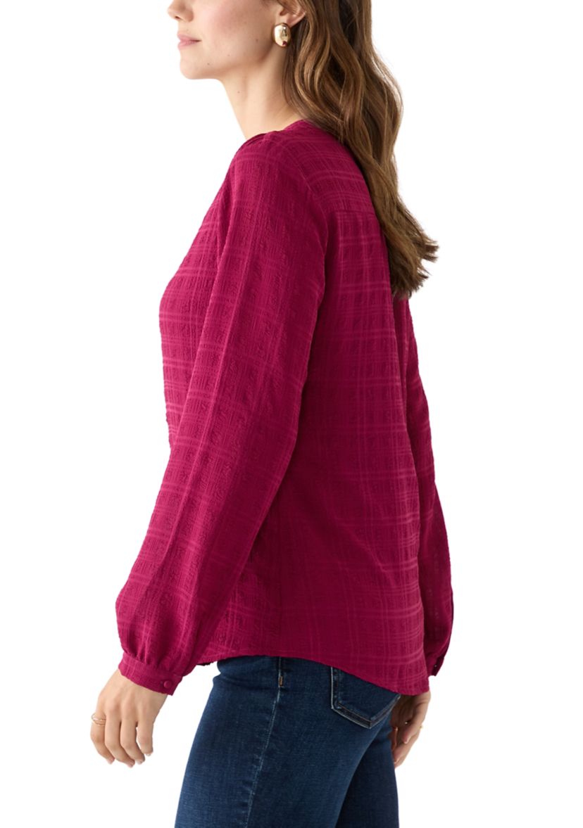 Womens Long Sleeve Textured Henley Top 