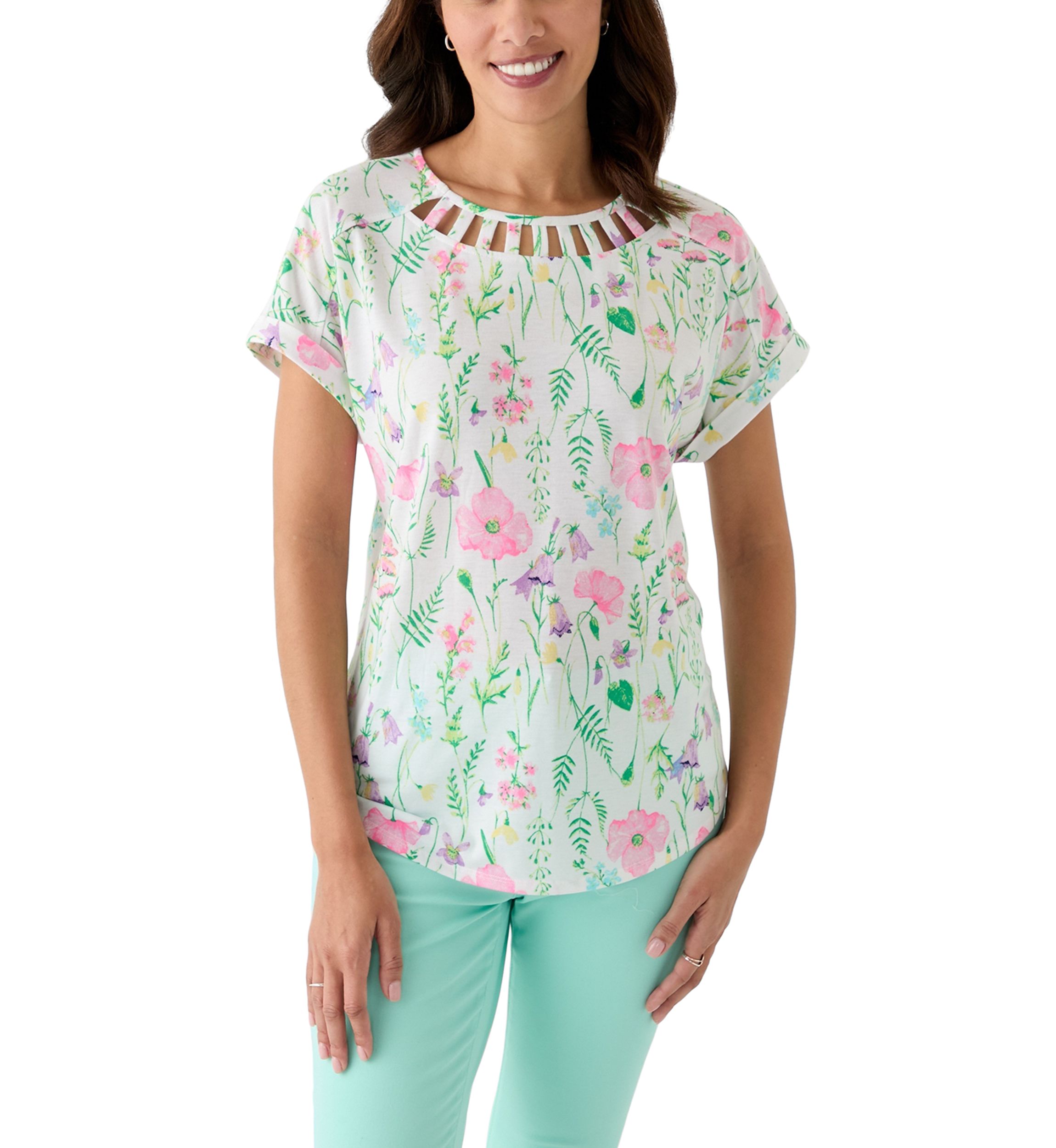 Womens Short Sleeve Knit Dolman Neck Detail Top