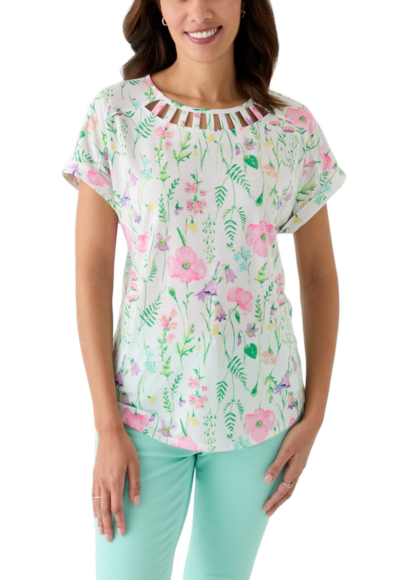 Womens Short Sleeve Knit Dolman Neck Detail Top