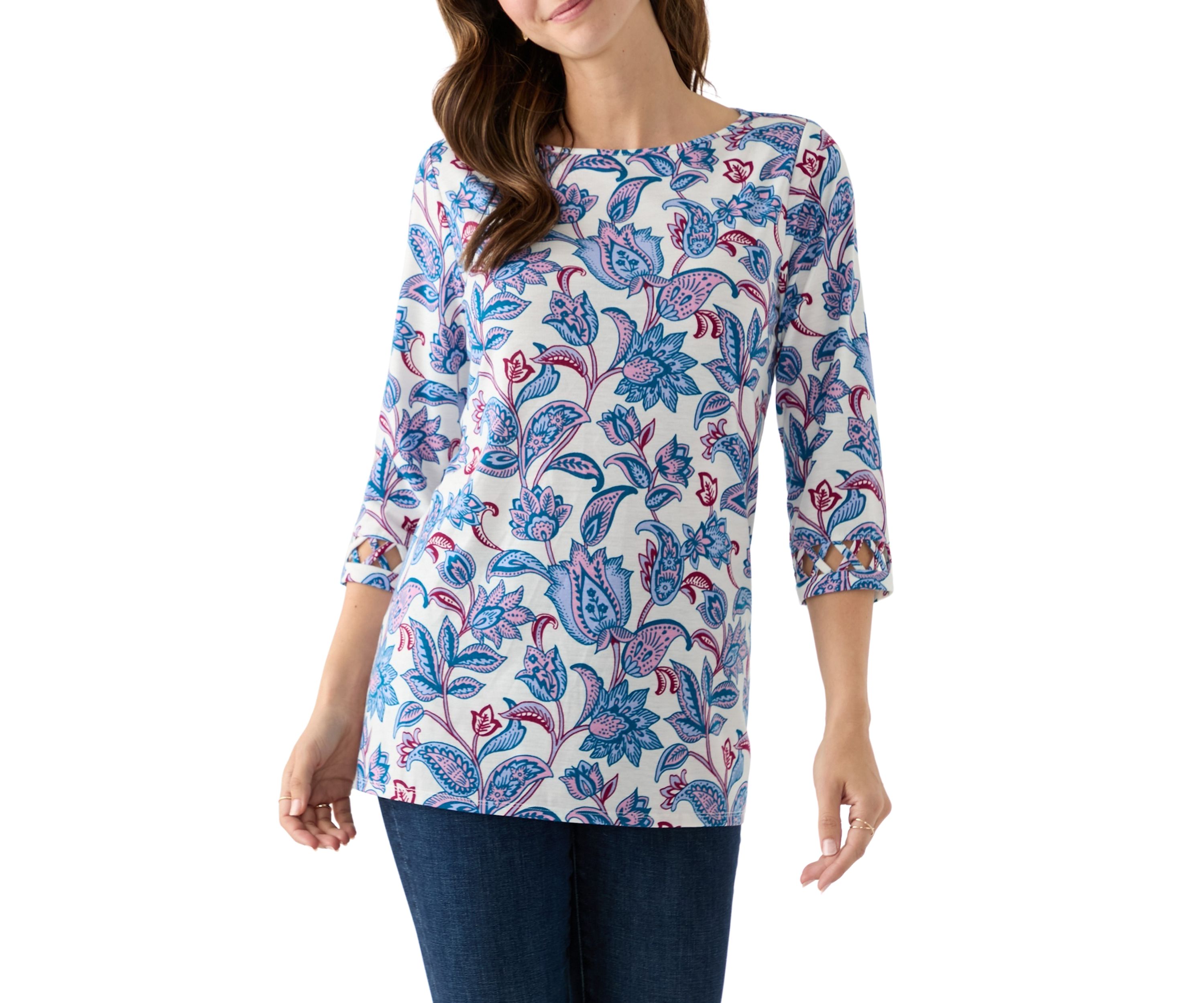 Womens Lattice Cuff Printed T-Shirt