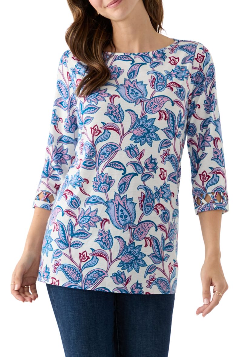 Womens Lattice Cuff Printed T-Shirt
