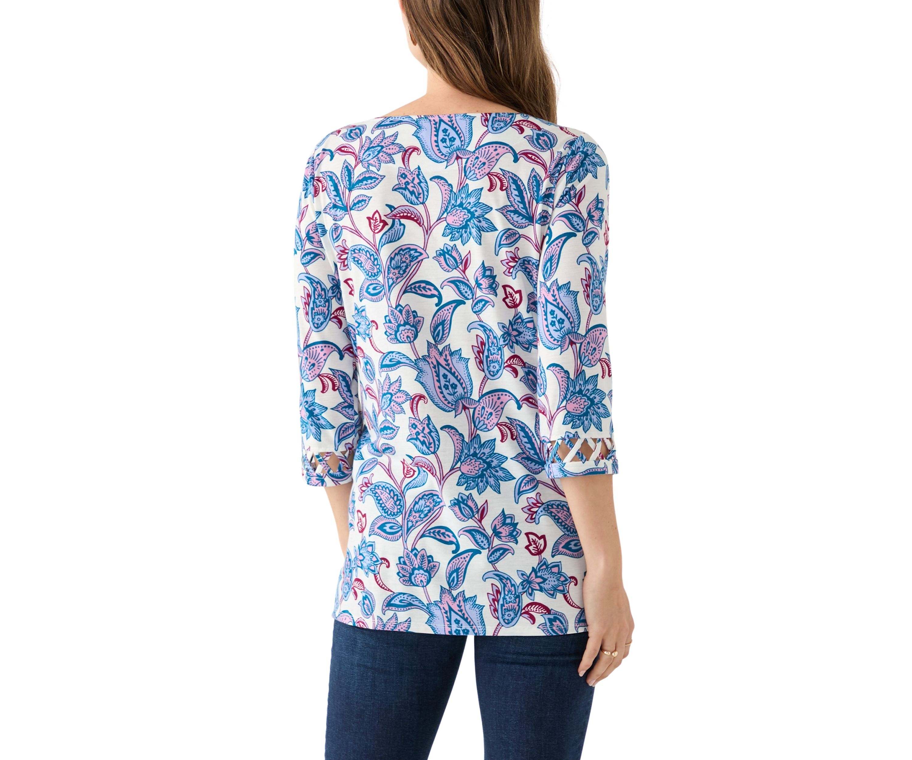 Womens Lattice Cuff Printed T-Shirt