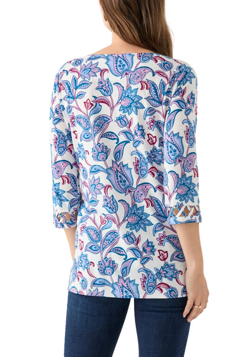 Womens Lattice Cuff Printed T-Shirt