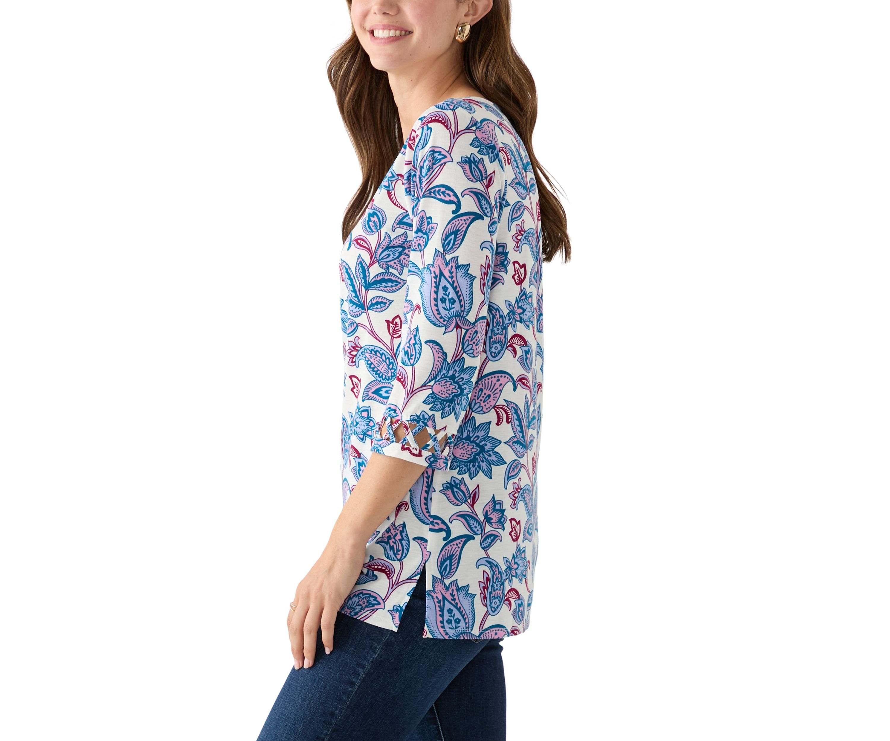 Womens Lattice Cuff Printed T-Shirt
