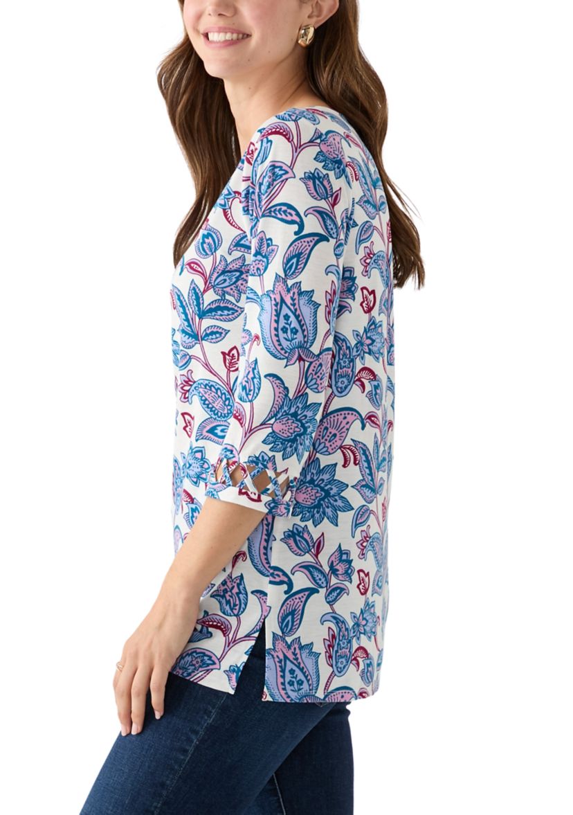 Womens Lattice Cuff Printed T-Shirt