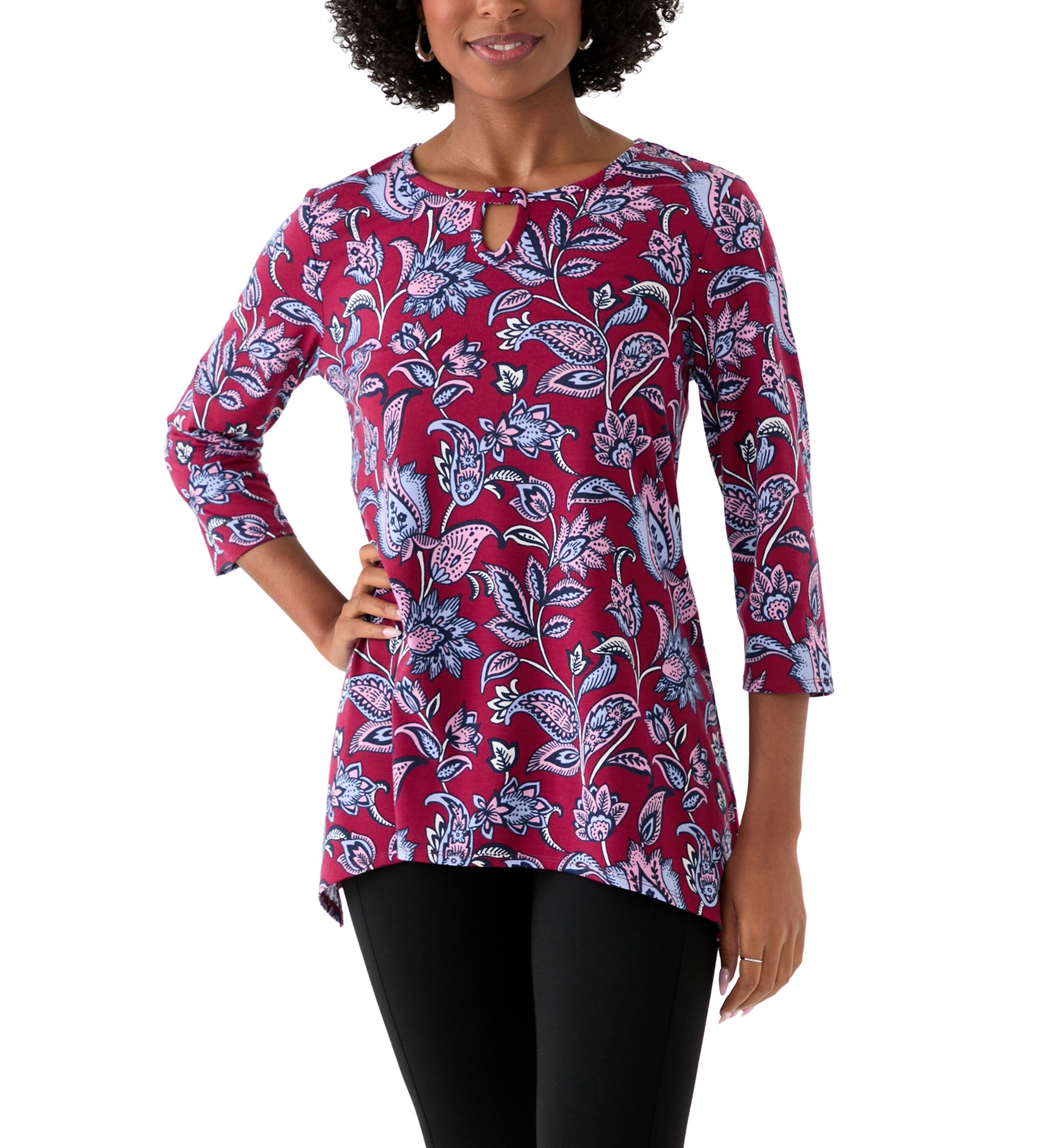 Womens 3/4 Sleeve Keyhole Detail Printed Top 