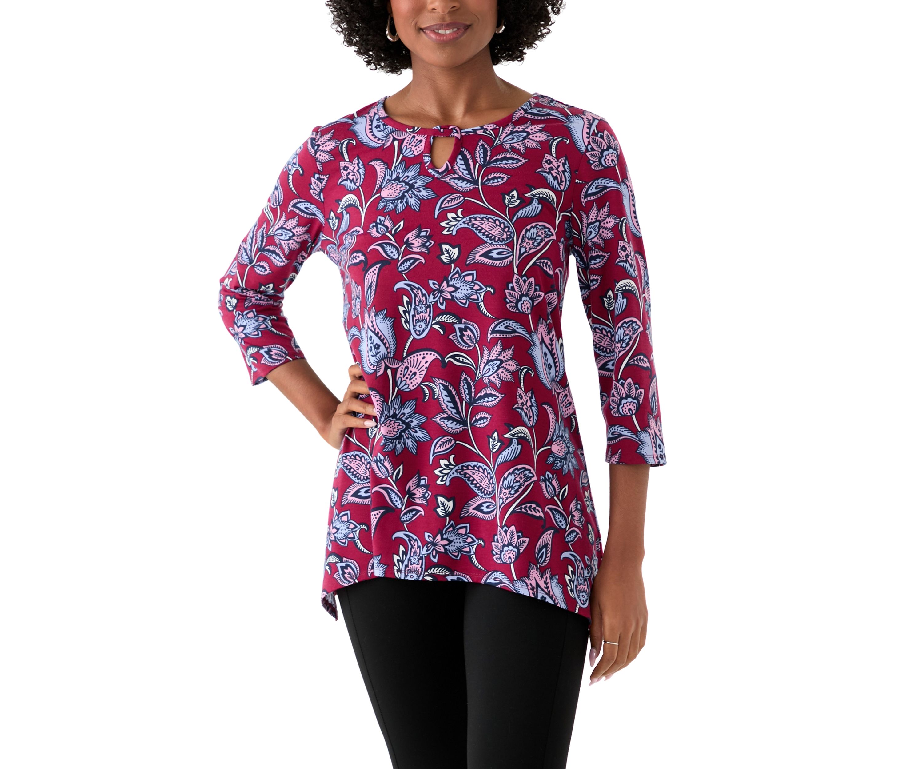 Womens 3/4 Sleeve Keyhole Detail Printed Top 