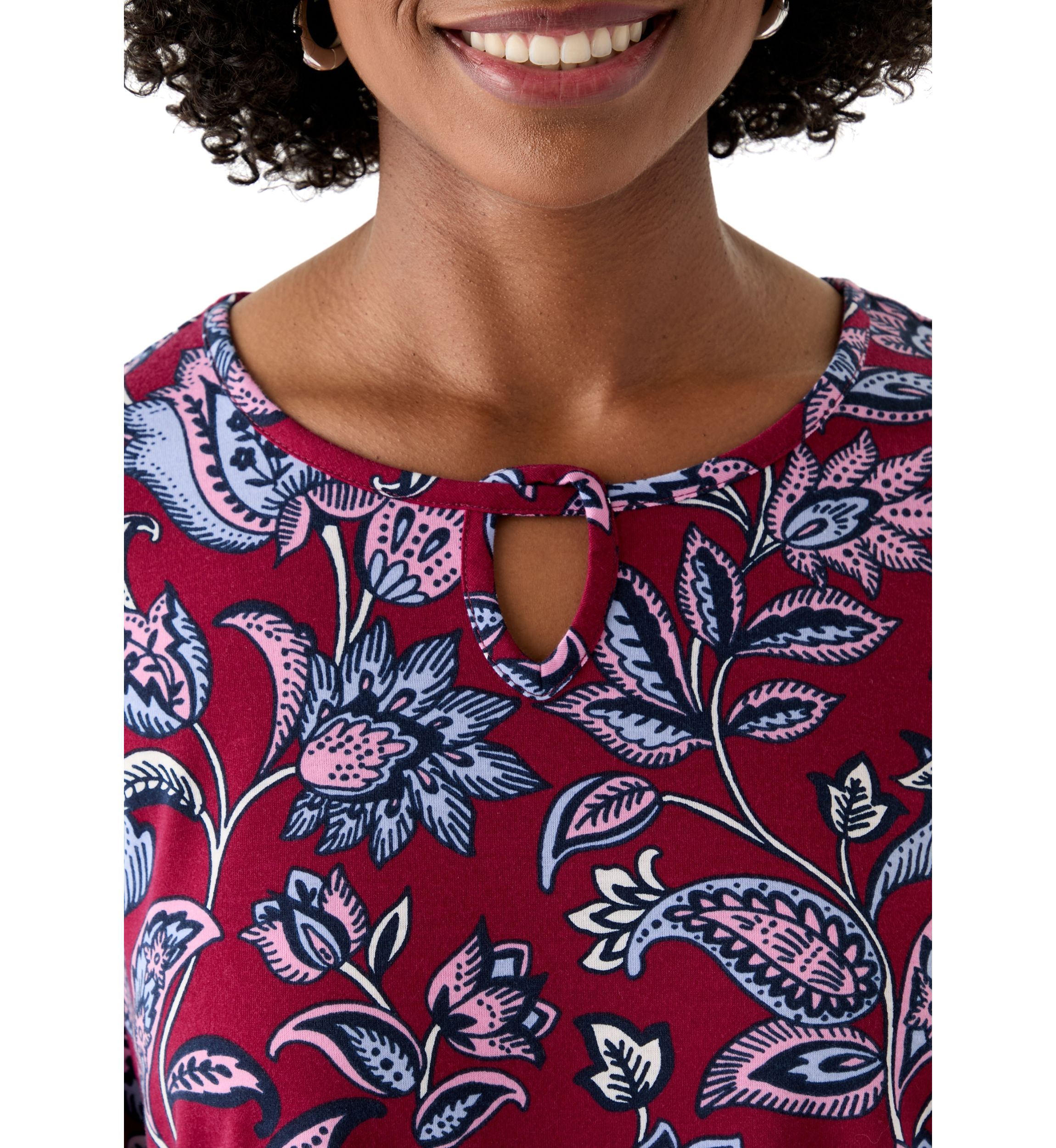 Womens 3/4 Sleeve Keyhole Detail Printed Top 