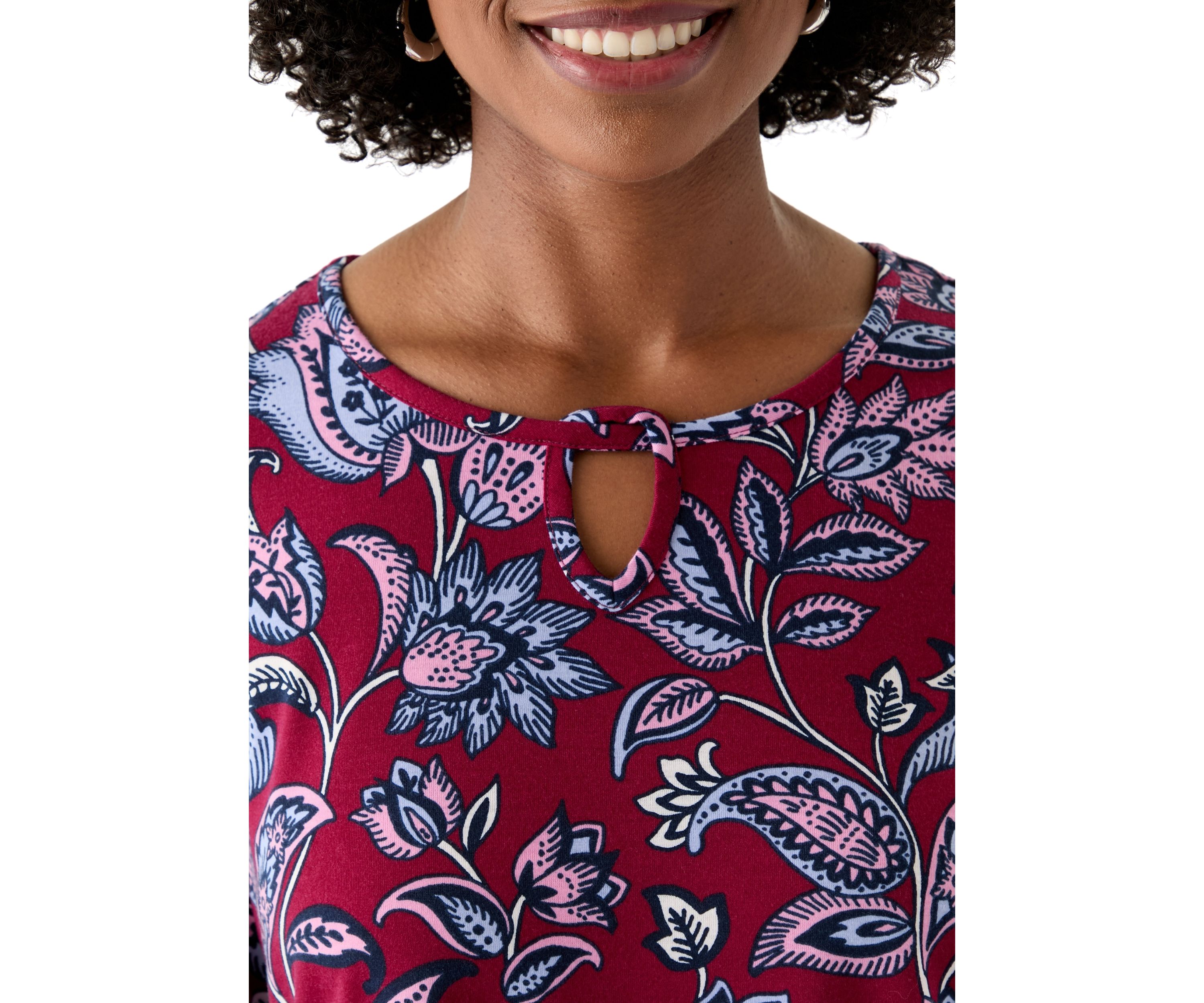 Womens 3/4 Sleeve Keyhole Detail Printed Top 