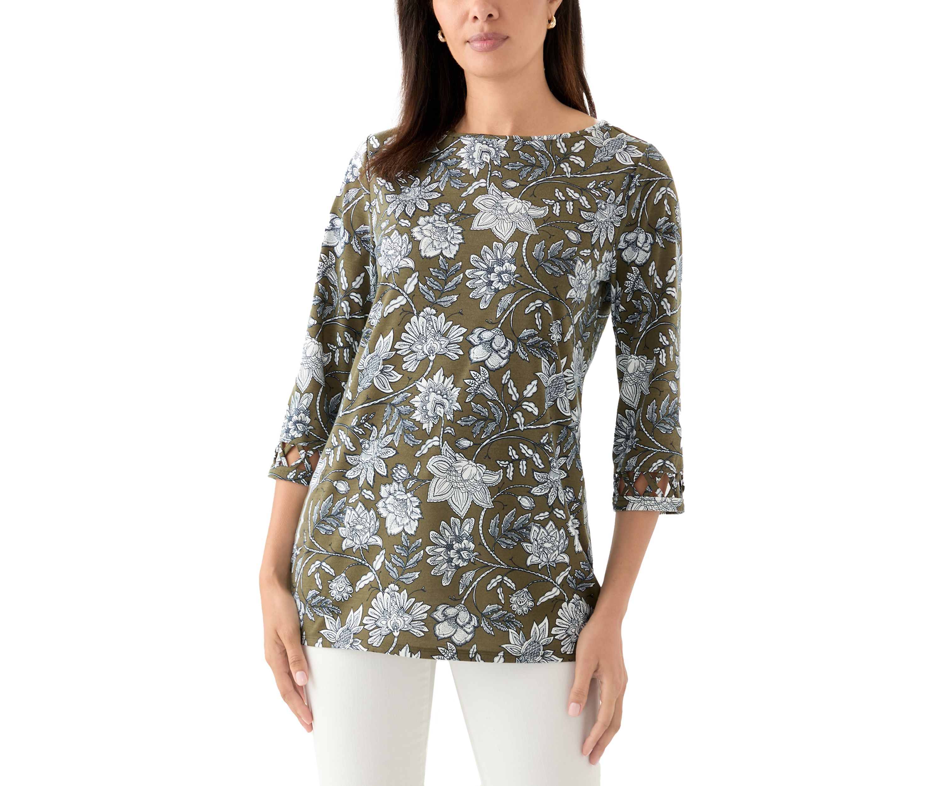 Womens Lattice Cuff Printed T-Shirt