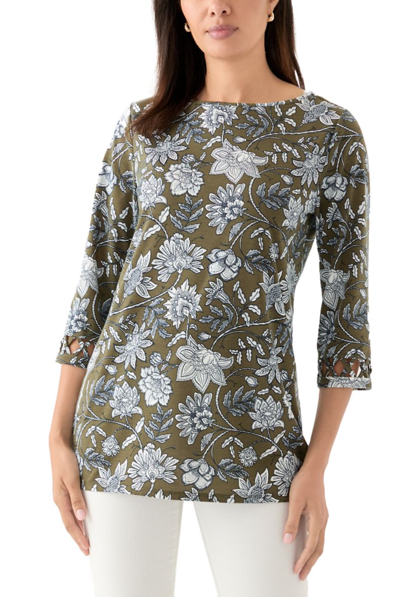 Womens Lattice Cuff Printed T-Shirt