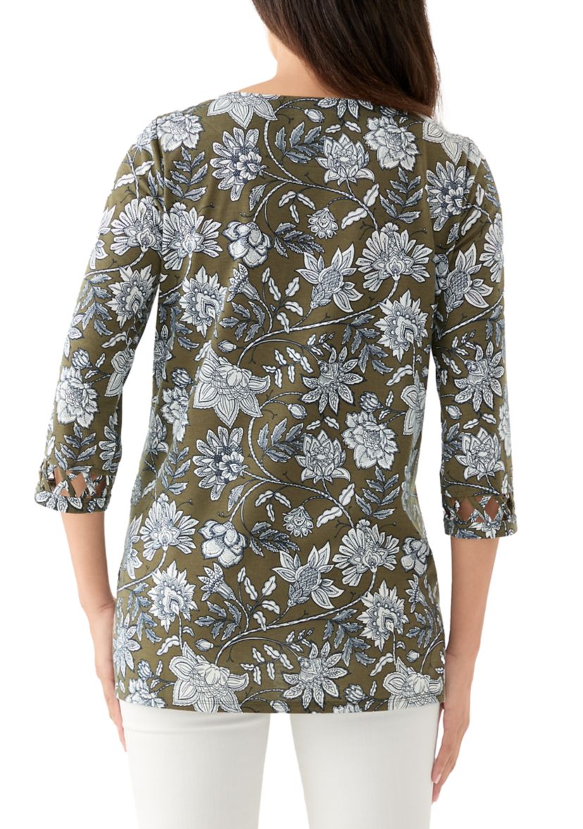Womens Lattice Cuff Printed T-Shirt