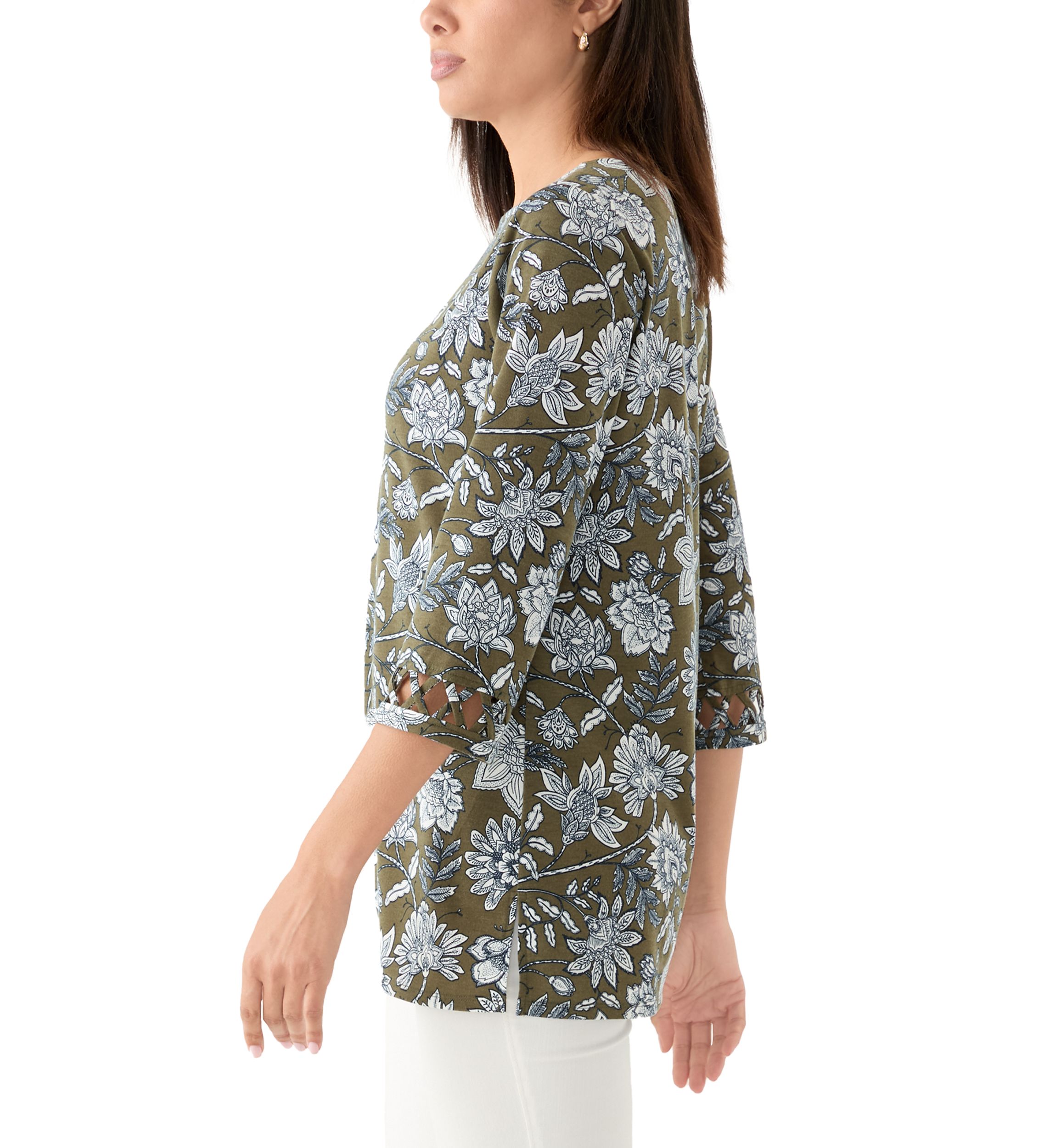Womens Lattice Cuff Printed T-Shirt