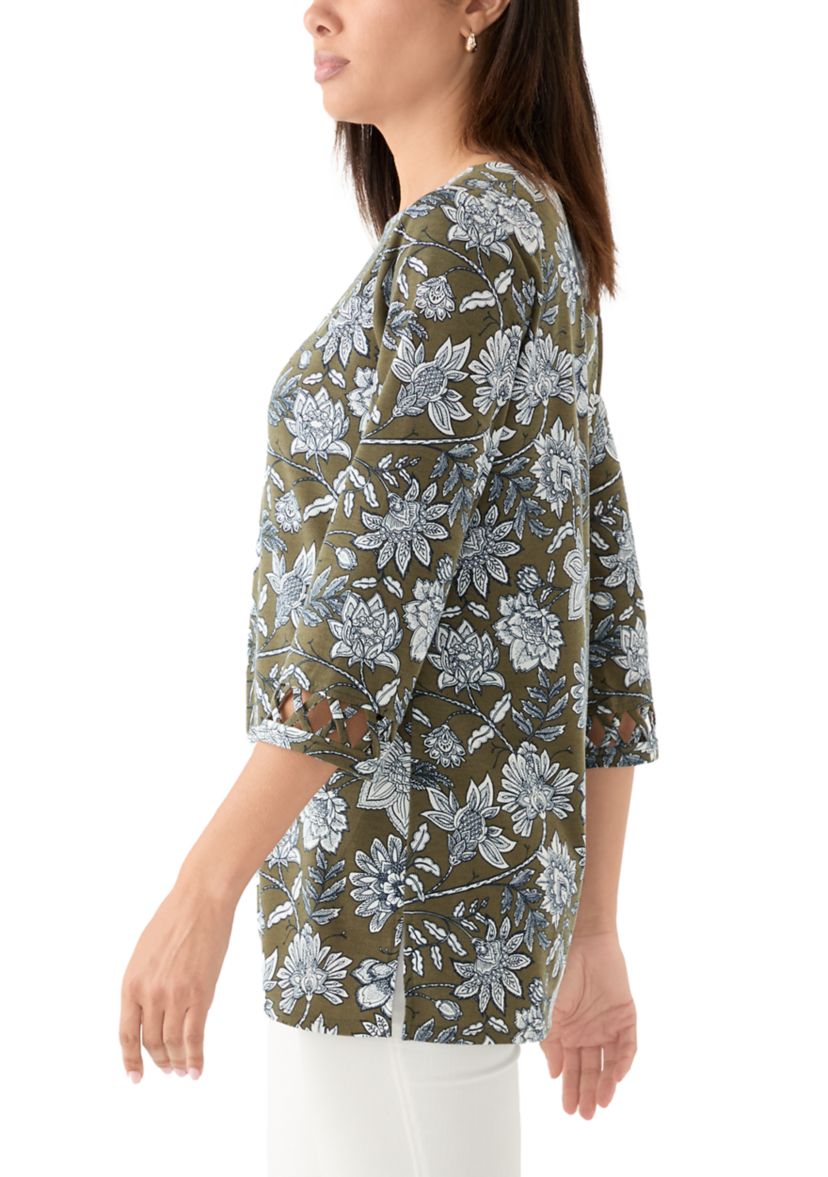 Womens Lattice Cuff Printed T-Shirt