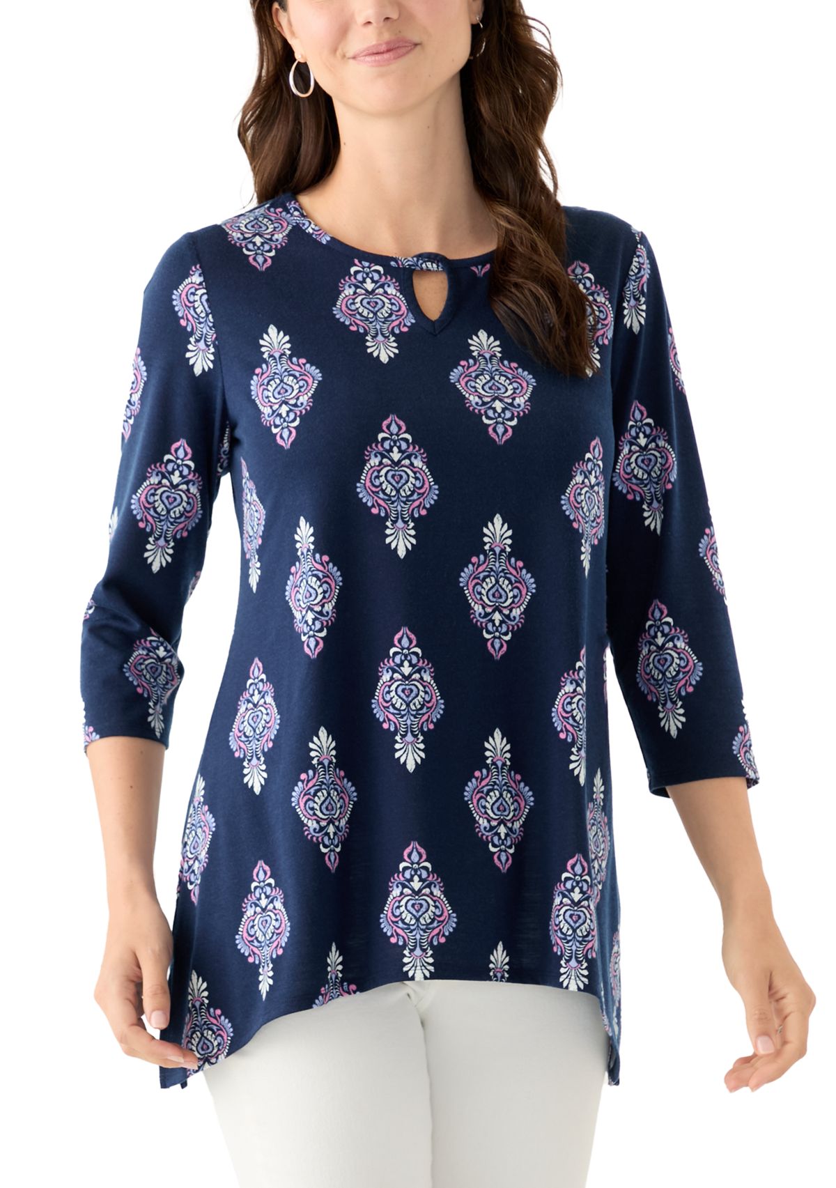 Womens Keyhole Detail Printed A-Line Top