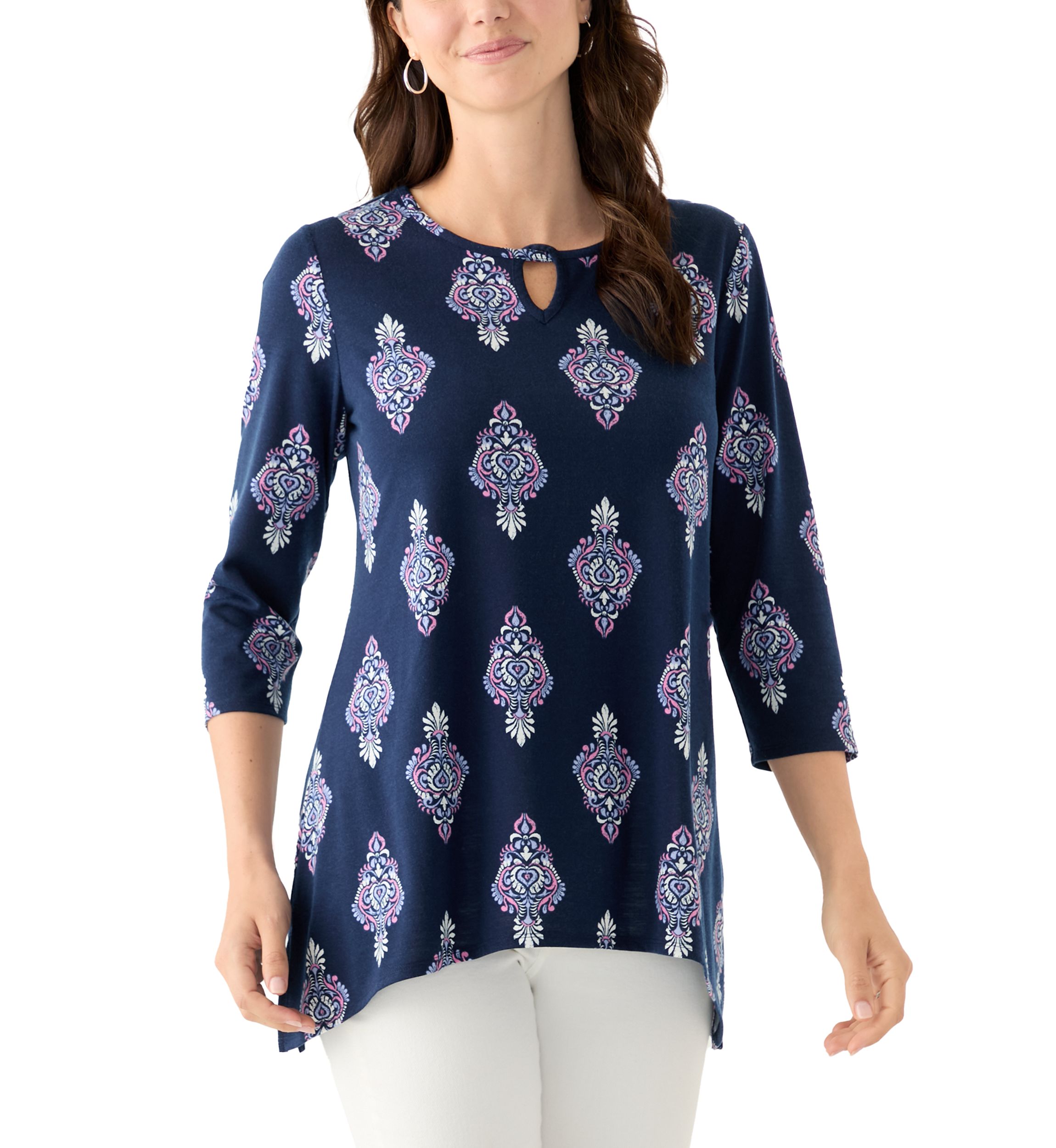 Womens Keyhole Detail Printed A-Line Top