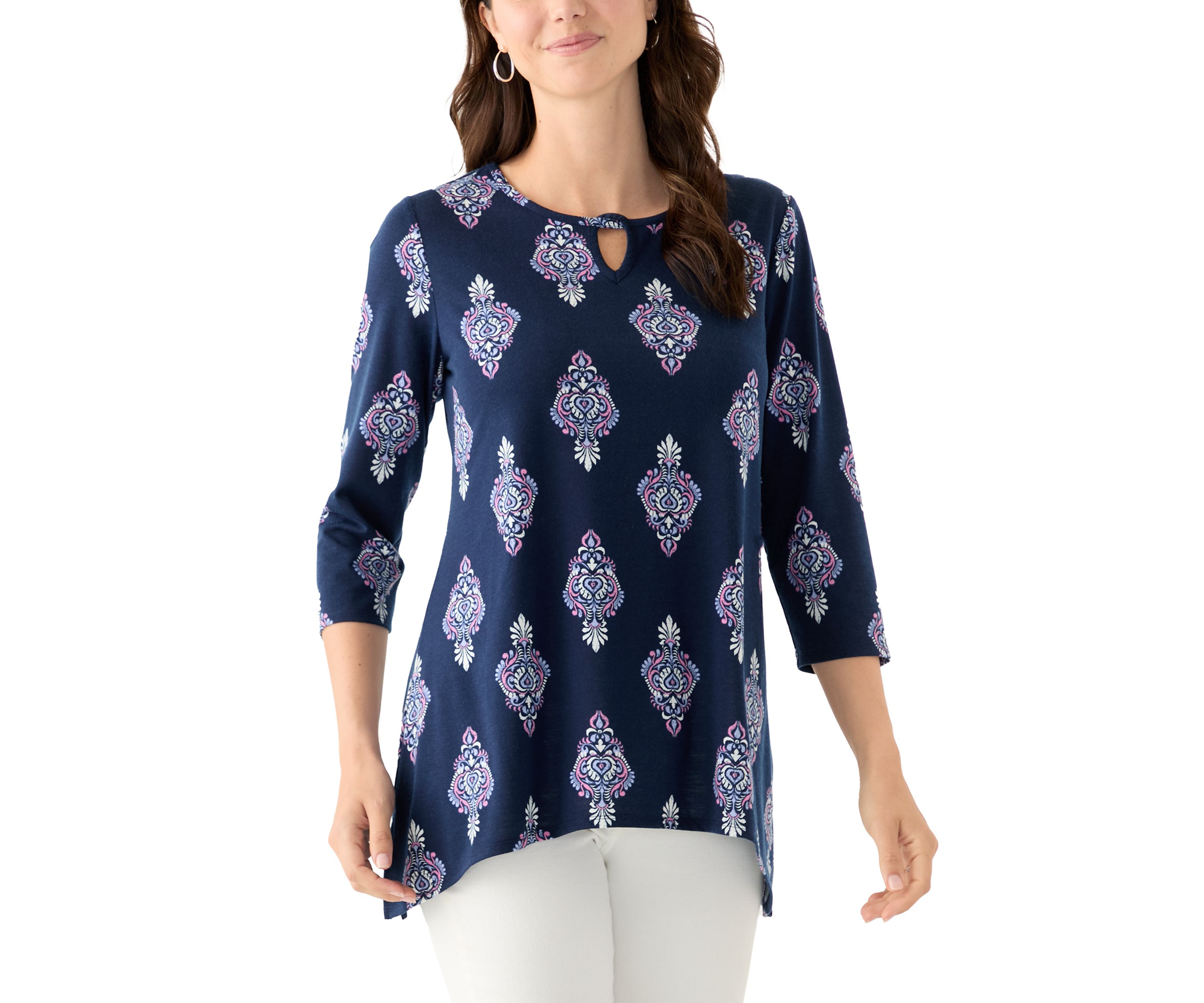 Womens Keyhole Detail Printed A-Line Top