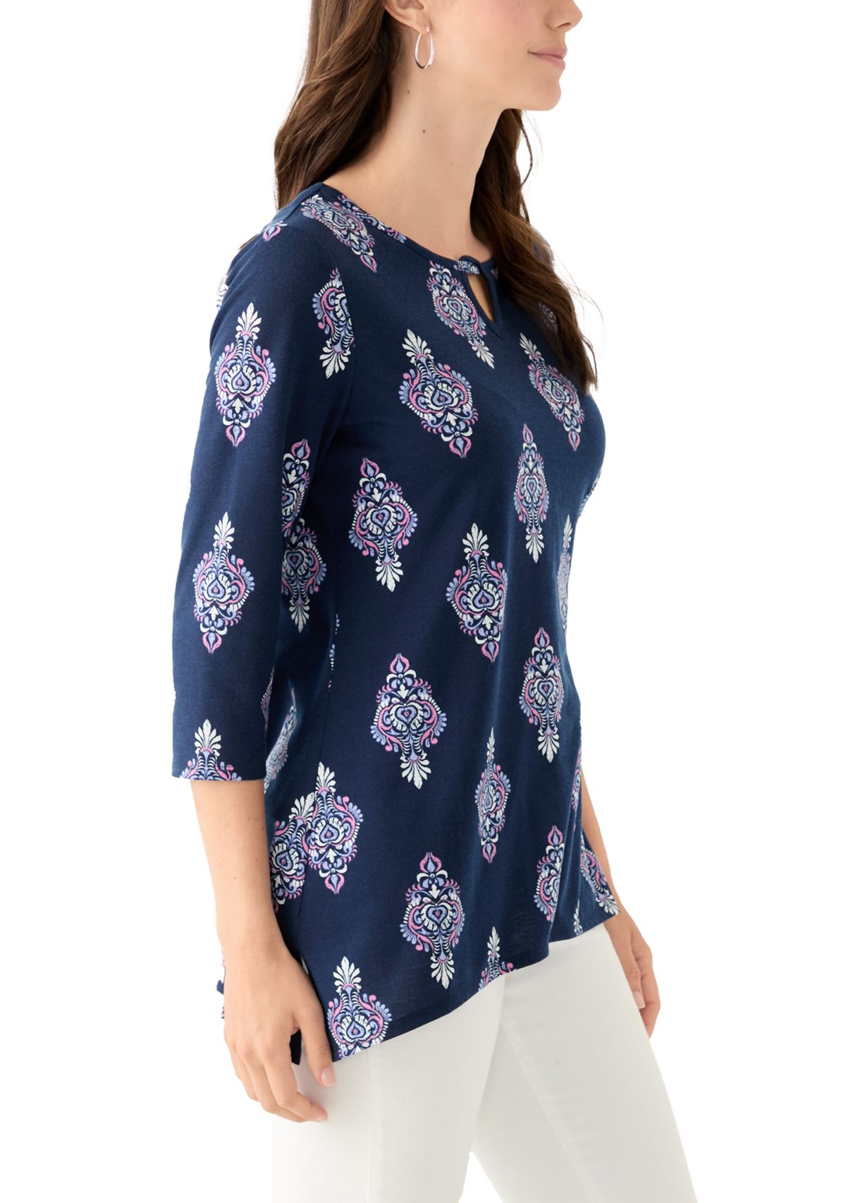 Womens Keyhole Detail Printed A-Line Top