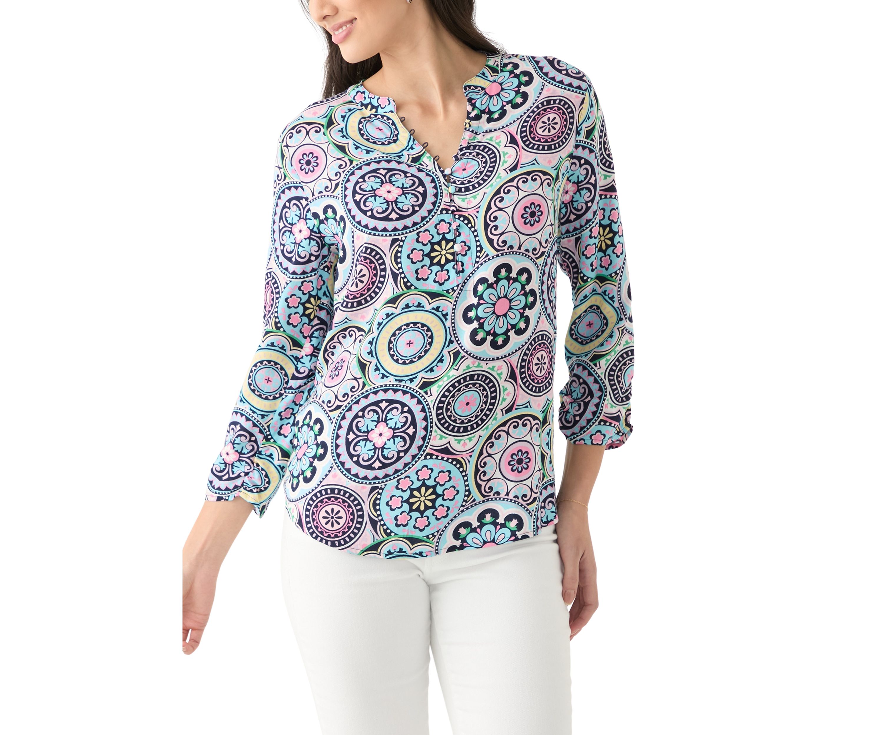 Womens 3/4 Sleeve Woven Printed Henley Top