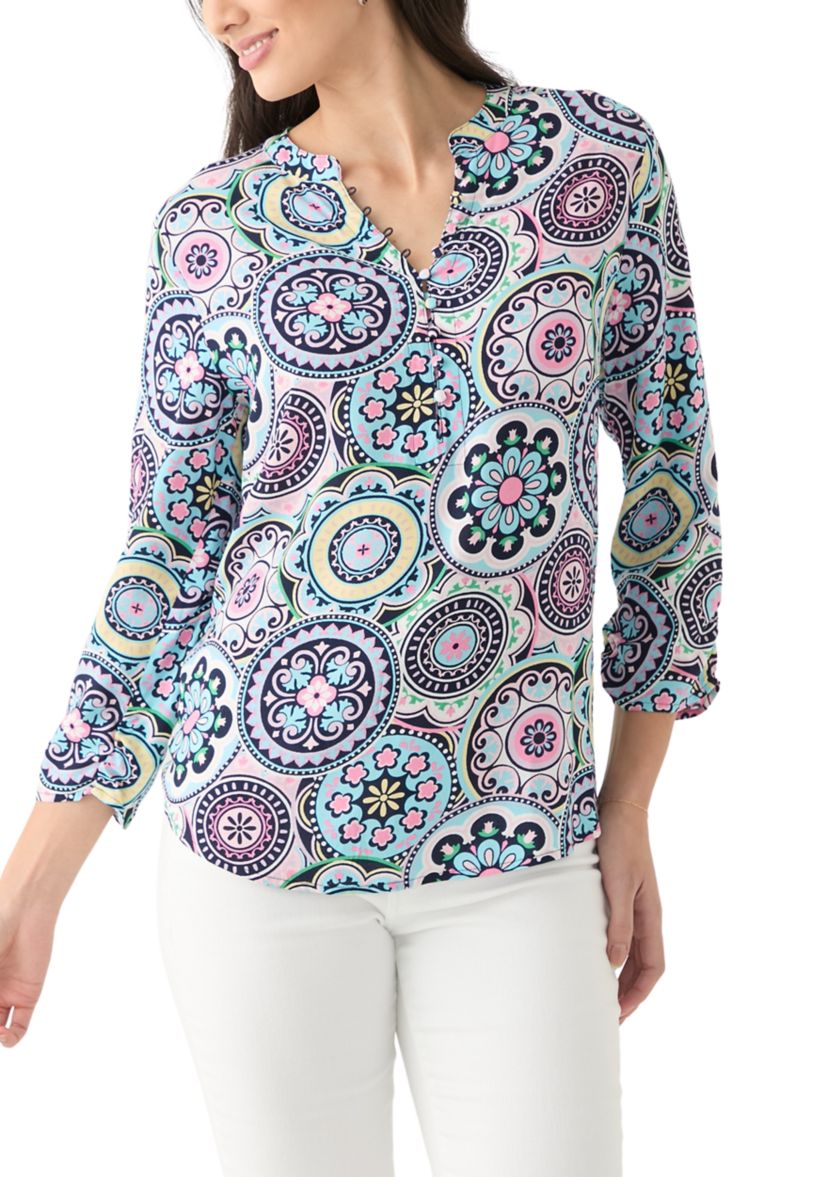 Womens 3/4 Sleeve Woven Printed Henley Top