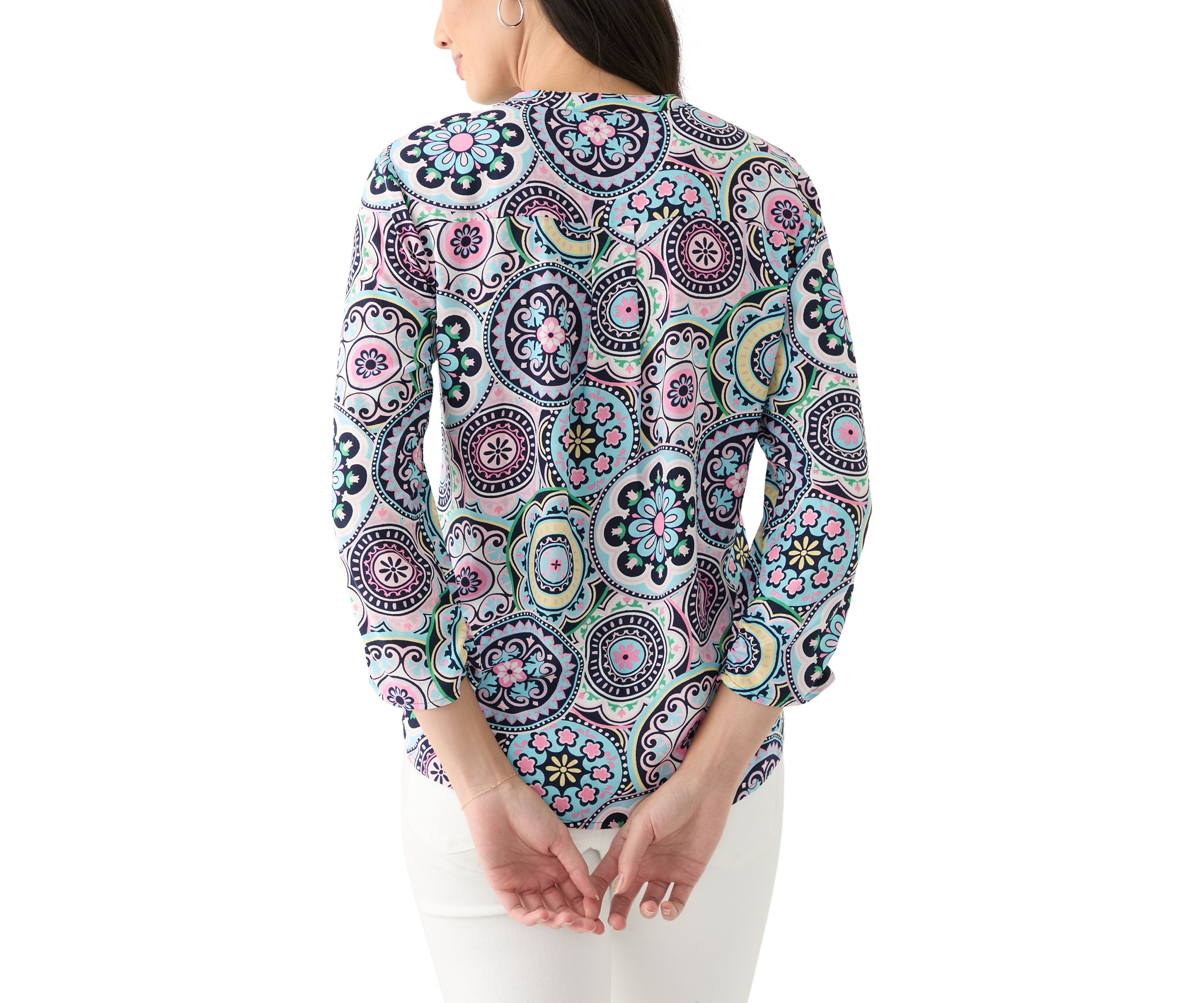 Womens 3/4 Sleeve Woven Printed Henley Top
