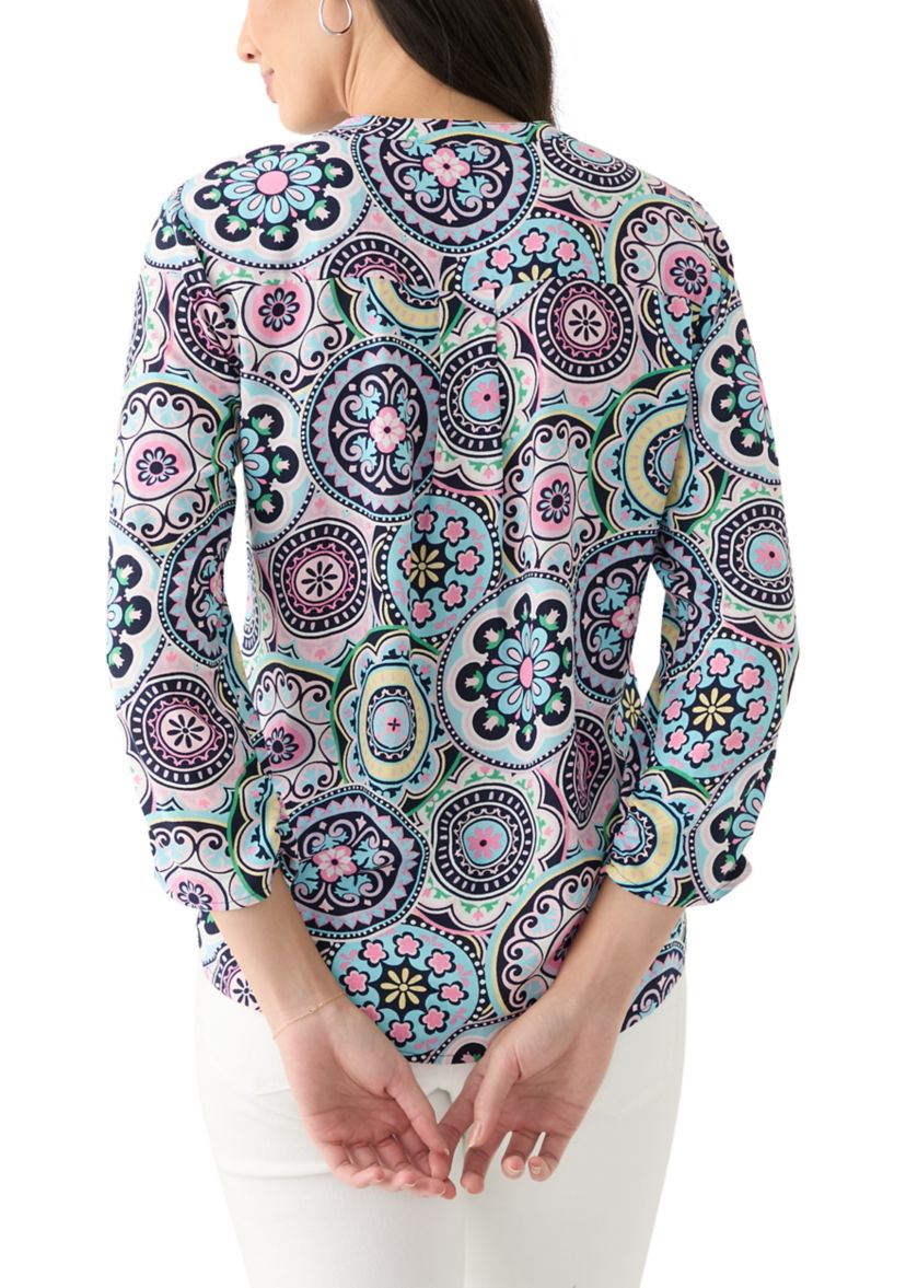 Womens 3/4 Sleeve Woven Printed Henley Top