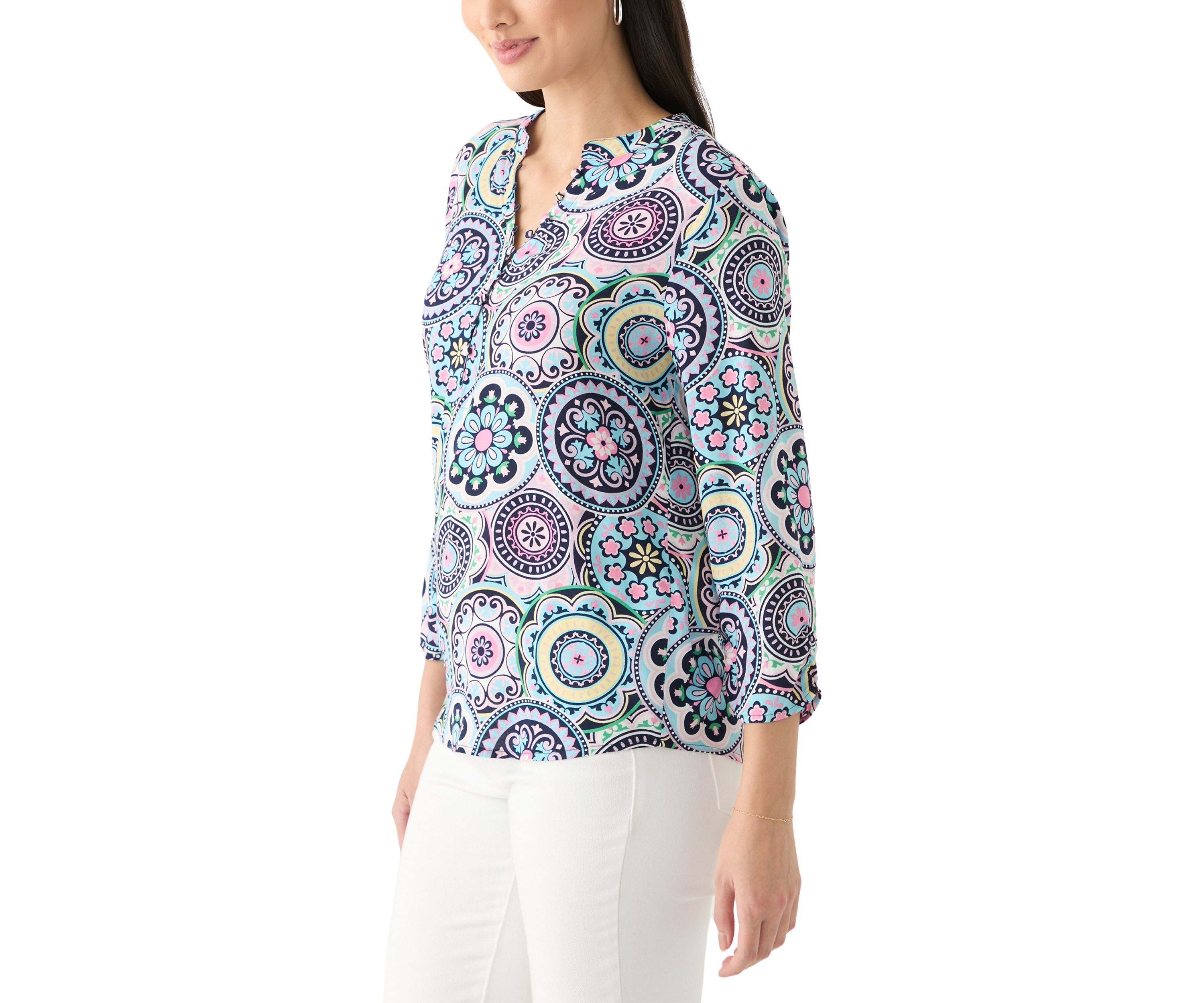 Womens 3/4 Sleeve Woven Printed Henley Top