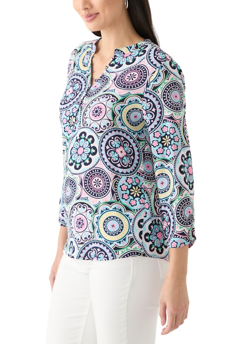 Womens 3/4 Sleeve Woven Printed Henley Top