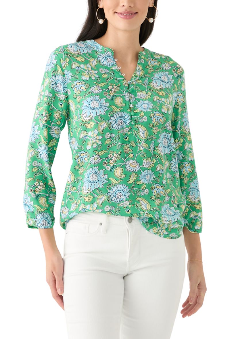 Womens 3/4 Sleeve Printed Woven Henley Top