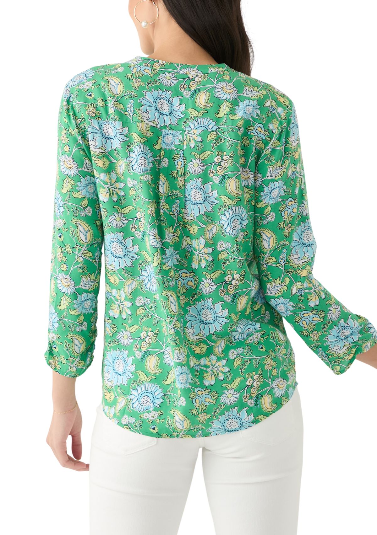 Womens 3/4 Sleeve Printed Woven Henley Top