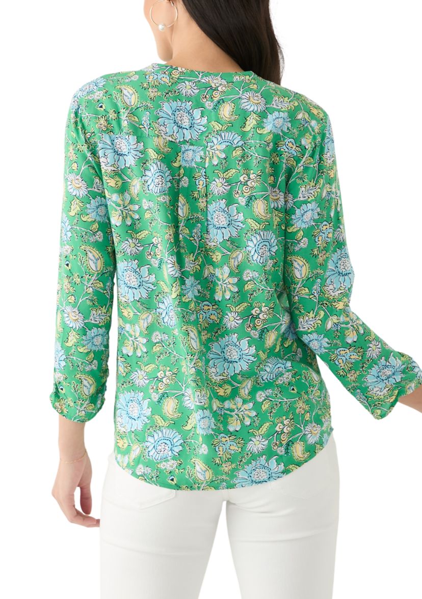 Womens 3/4 Sleeve Printed Woven Henley Top